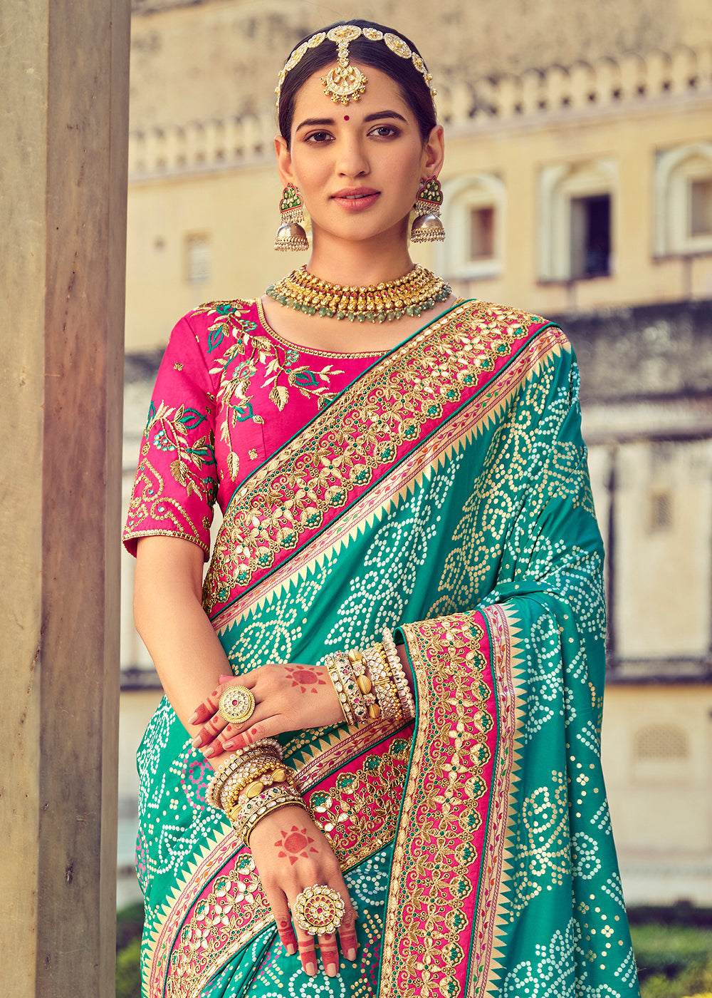 Turquoise Blue Bandhej Patola Silk Saree with Mirror, Khatli & Cut-Dana work
