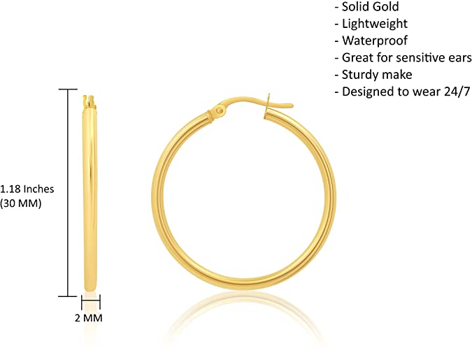 14k Solid Yellow Gold Round Hoop 2mm Earrings