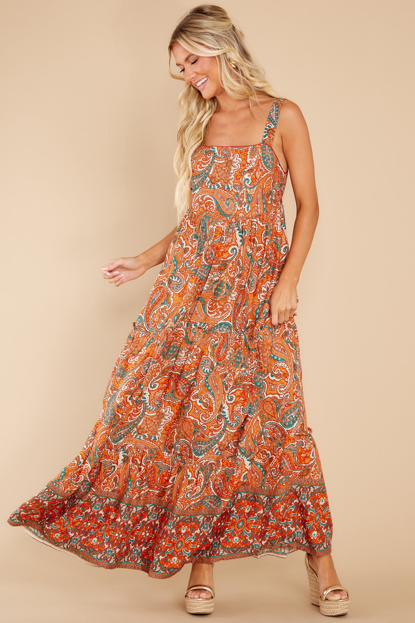 Alejandra Orange Paisley Tiered Maxi Dress