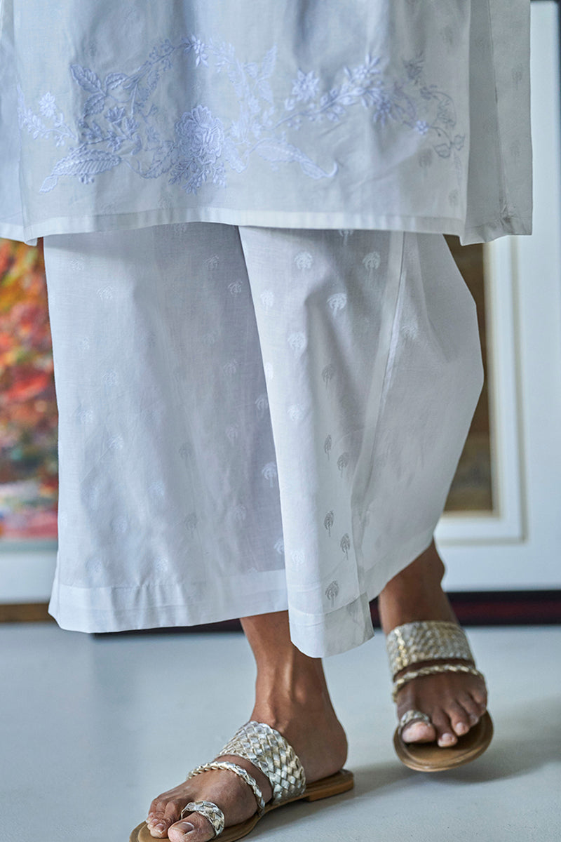 White Block Printed Cotton Co-ord Set With Embroidery and Lace Detailing