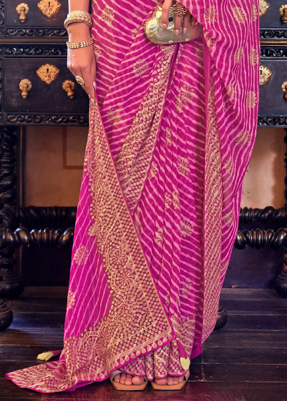 Fuchsia Pink Leheriya Printed Georgette Saree with Gota Patti work