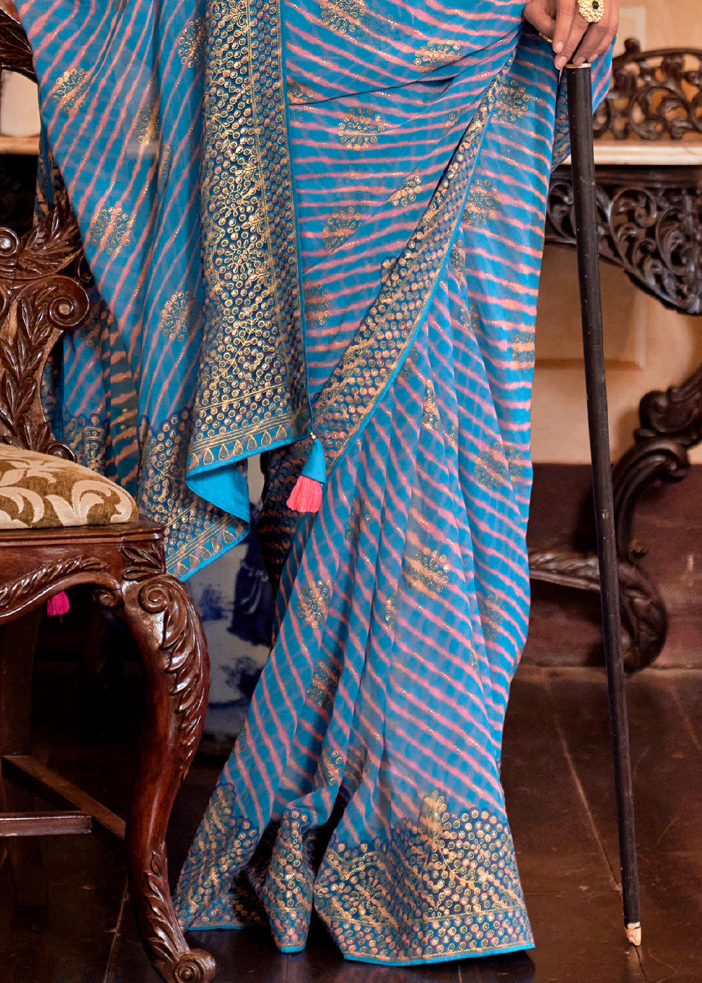 Shades Of Blue Leheriya Printed Georgette Saree with Gota Patti work