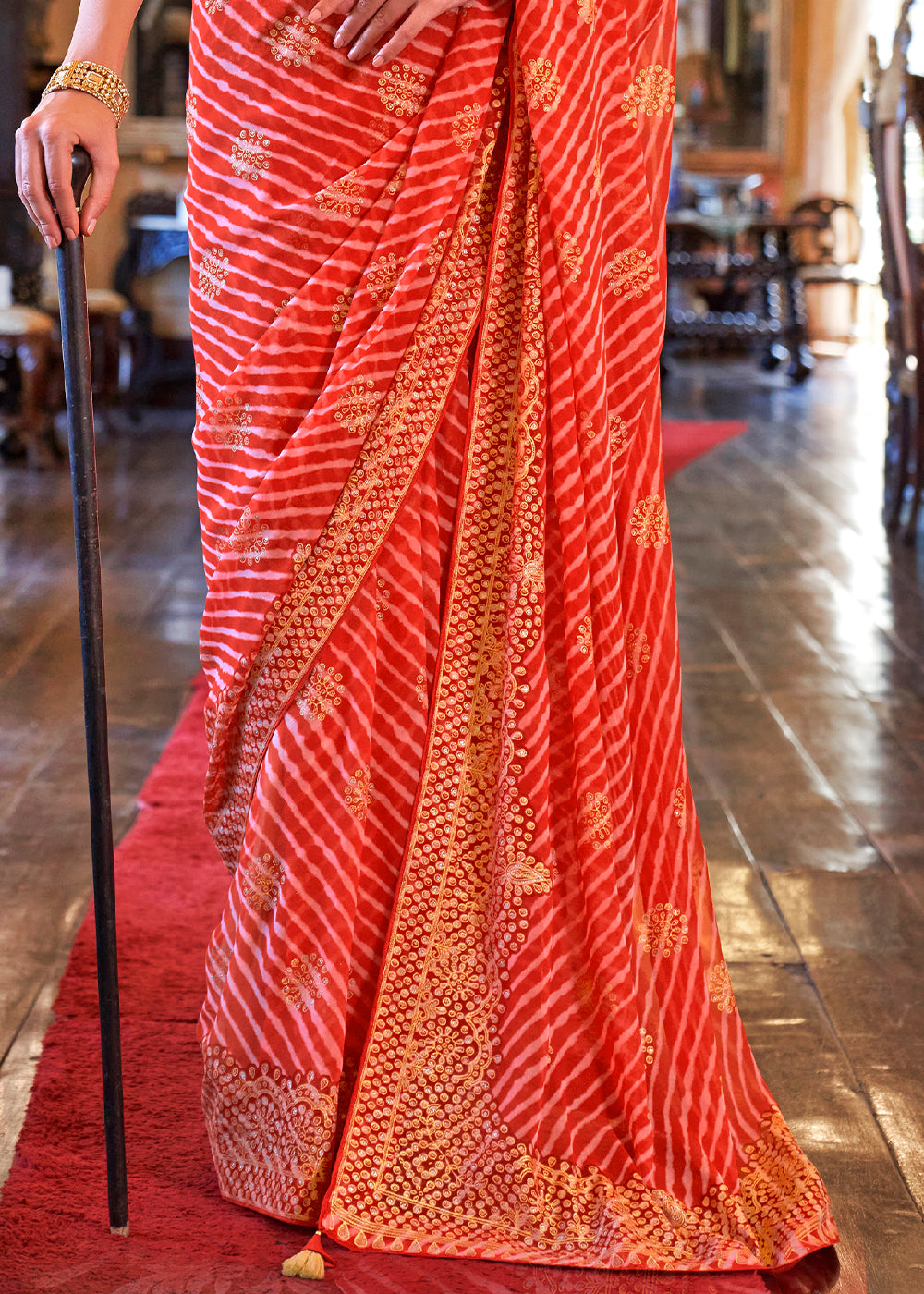 Tart Red Leheriya Printed Georgette Saree with Gota Patti work