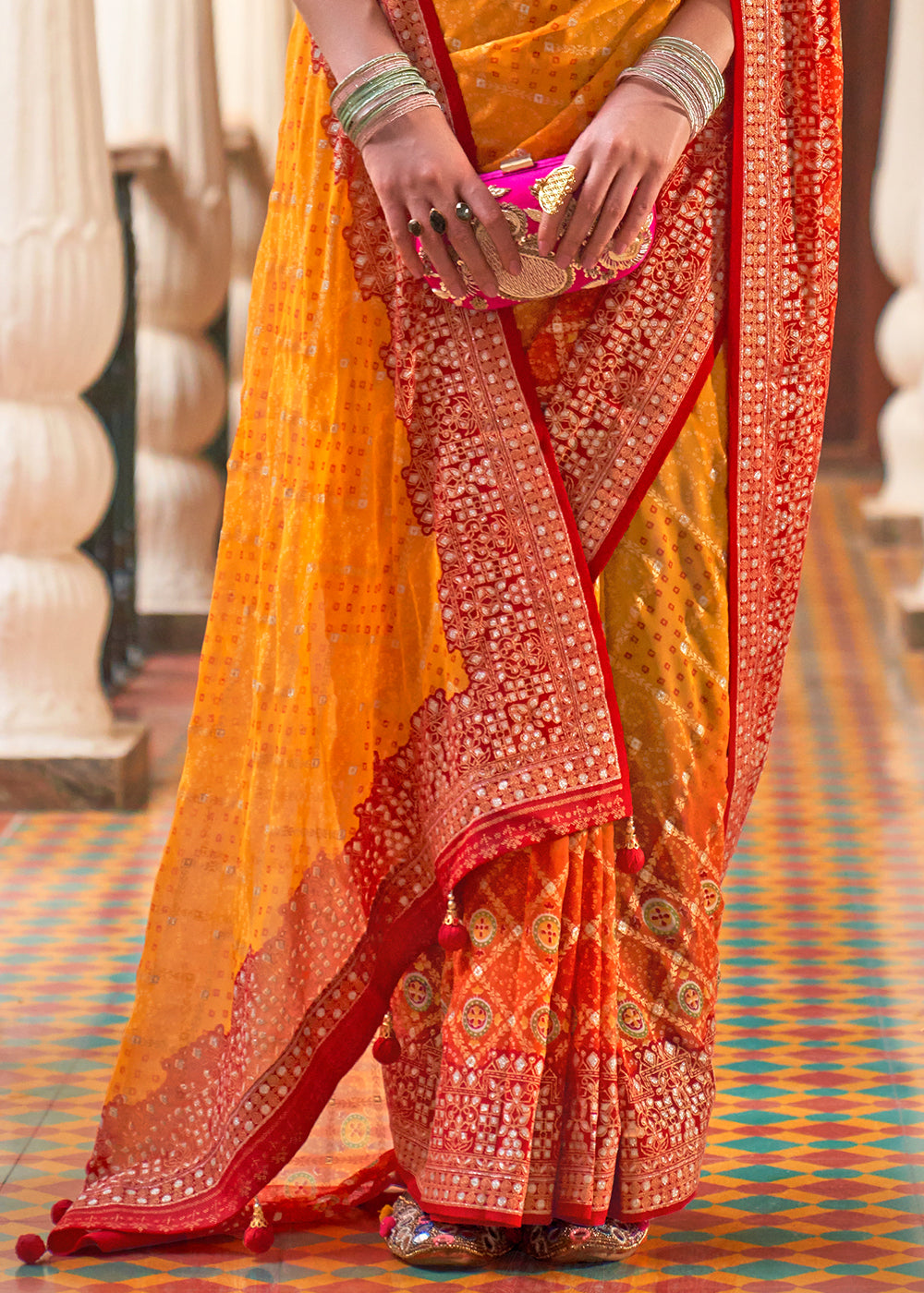 Saffron Yellow Leheriya Printed Georgette Saree with Gota Patti work