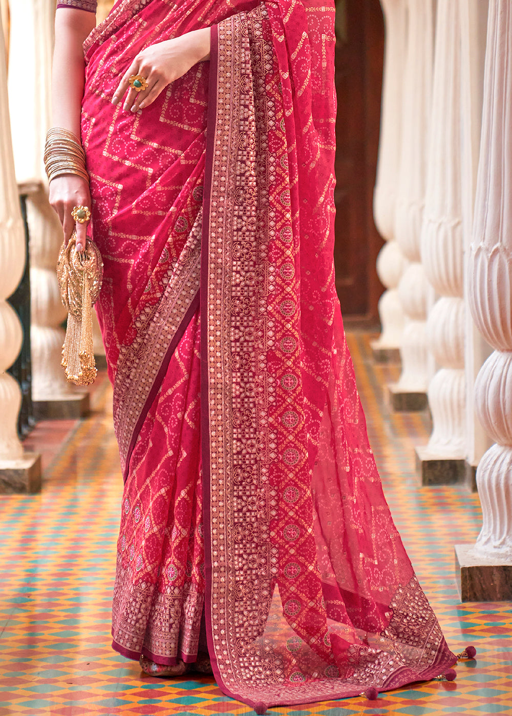 Rouge Pink Leheriya Printed Georgette Saree with Gota Patti work