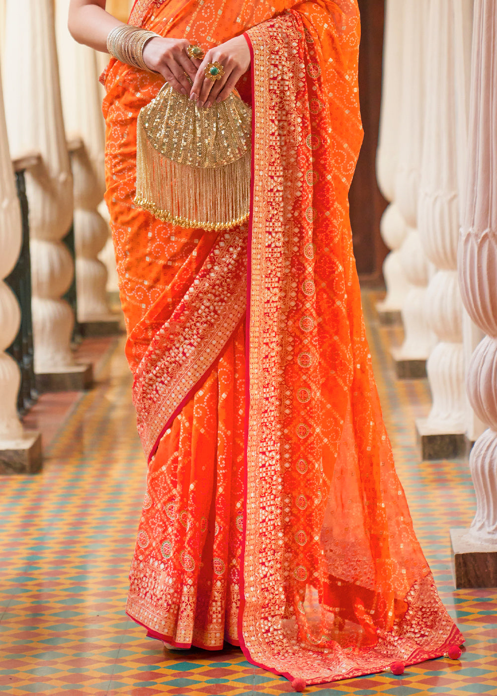 Portland Orange Leheriya Printed Georgette Saree with Gota Patti work