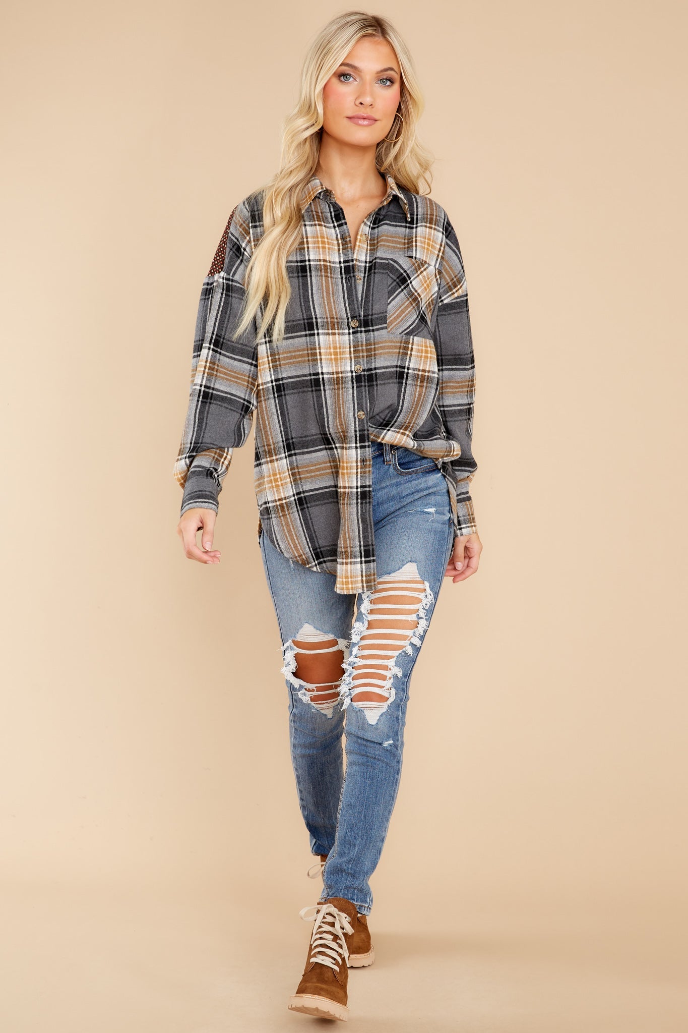 Cheerful Times Grey Multi Plaid Top