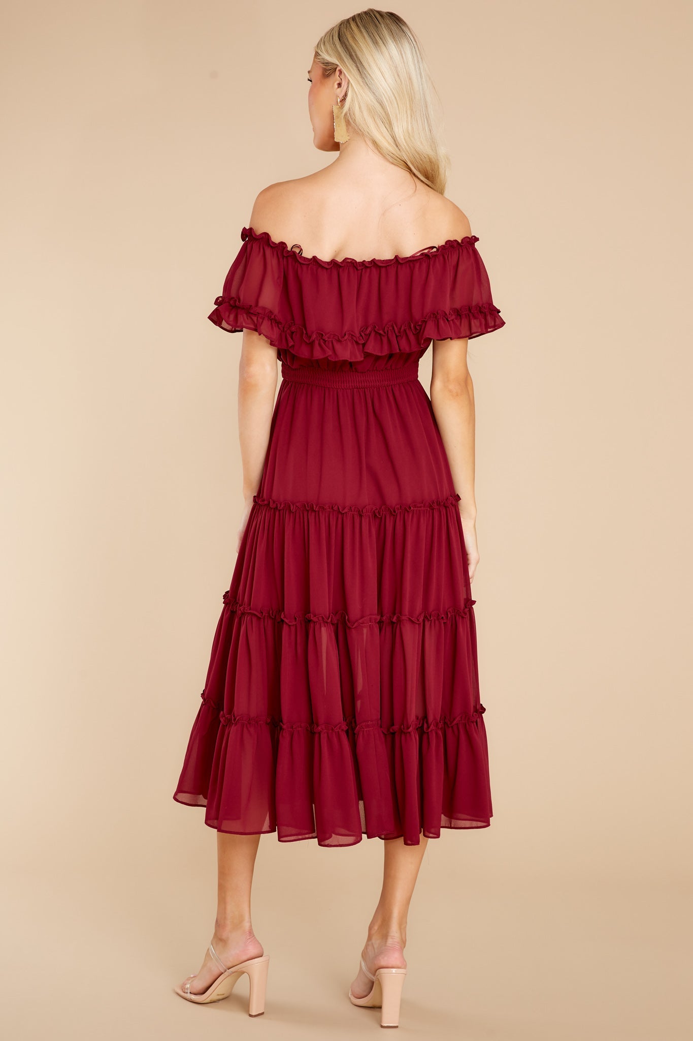 As She Goes Wine Off The Shoulder Midi Dress