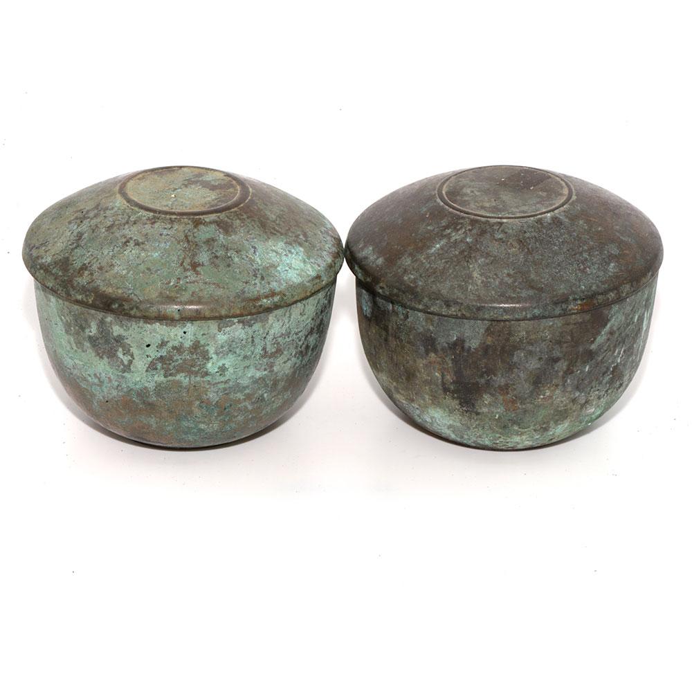 A Pair of Tang Dynasty Bronze Lidded Bowls, ca. 618 - 906 CE