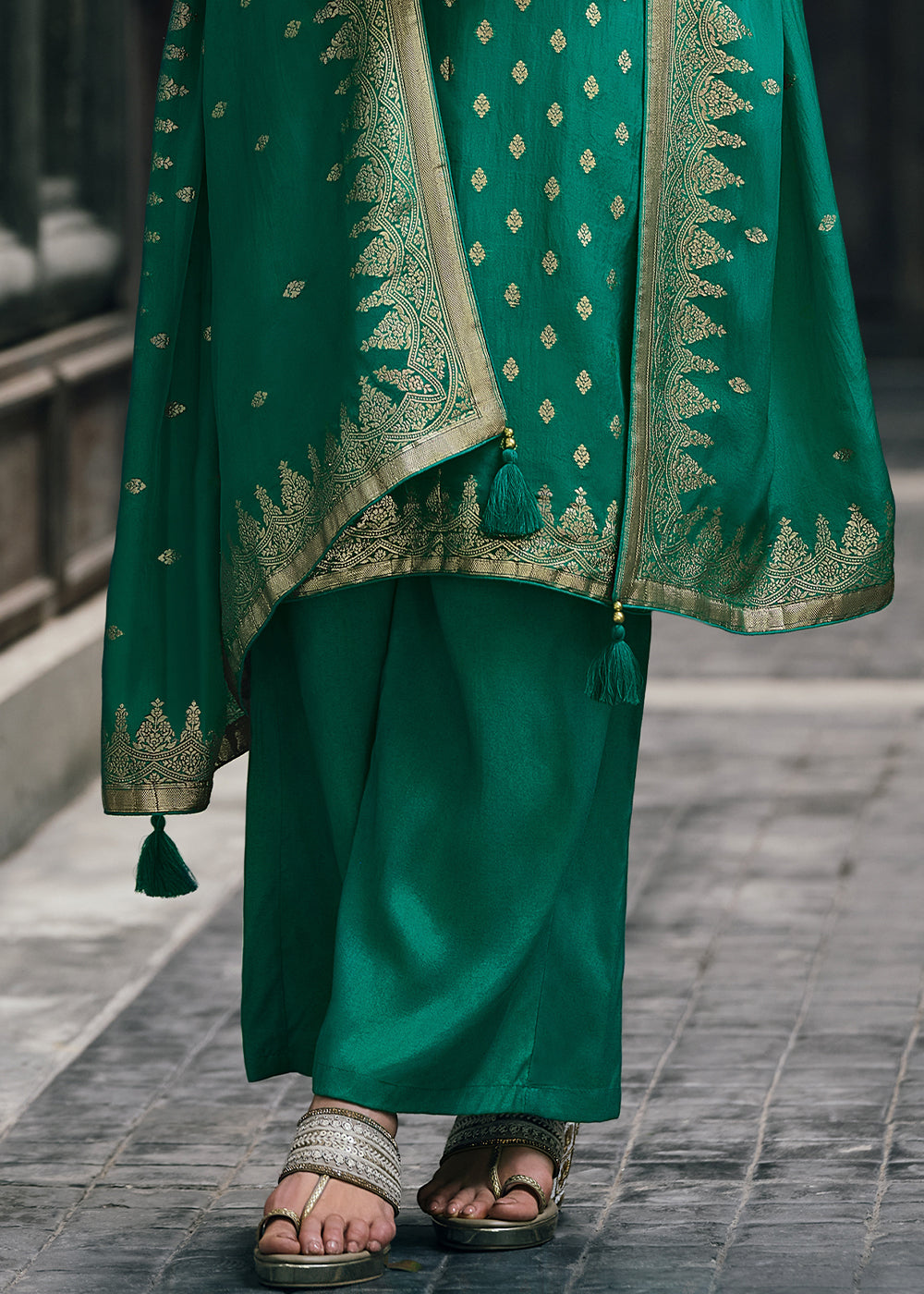 Munsell Green Designer Woven Viscose Organza Salwar Suit with Embroidery work: Top Pick