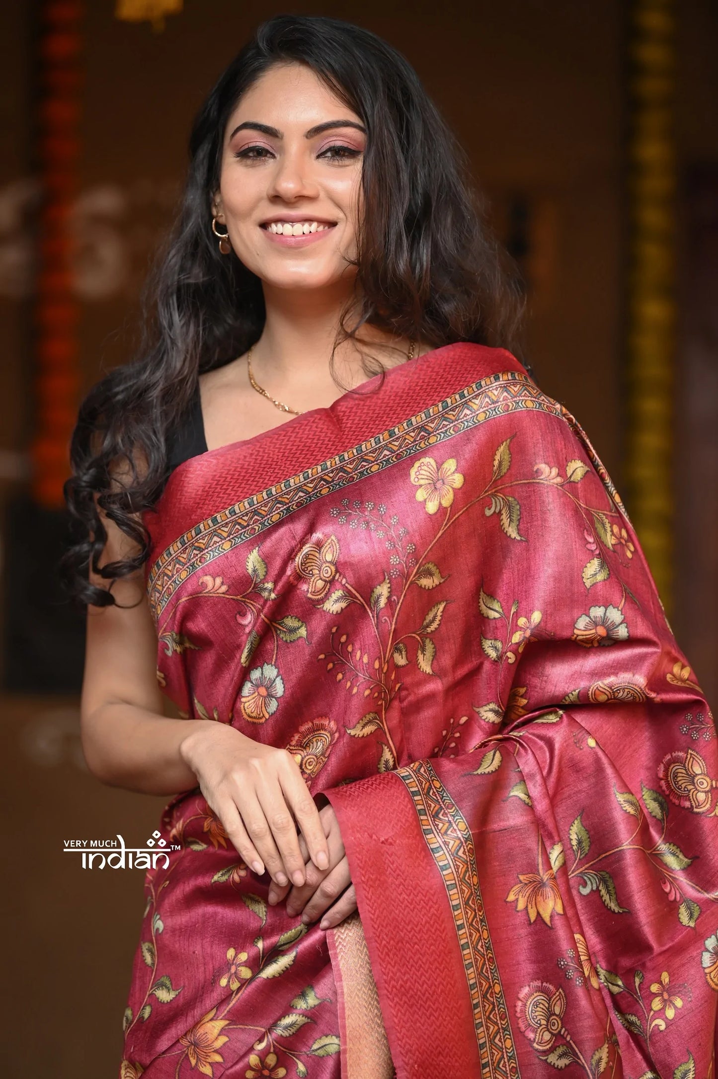 Raaga~ Ferrous Red Handloom Pure Tussar Silk with Floral Prints