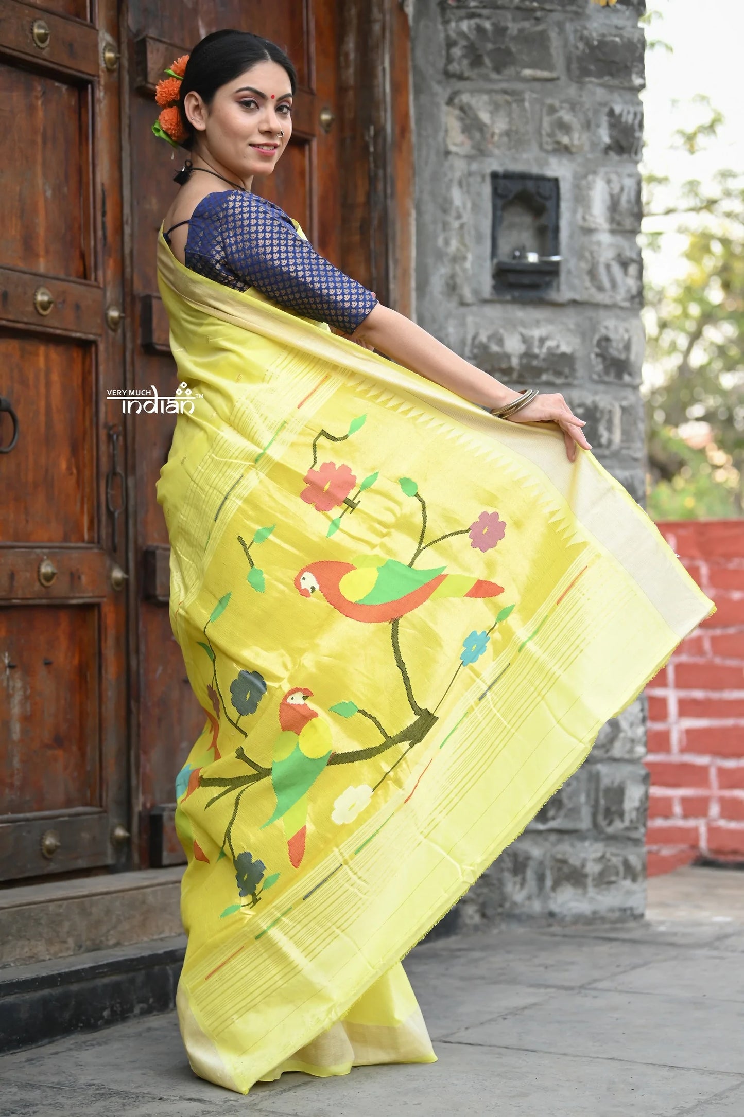 Raaga~ Traditional Handloom Pure Cotton Fresh Yellow Paithani with Parrots Pallu