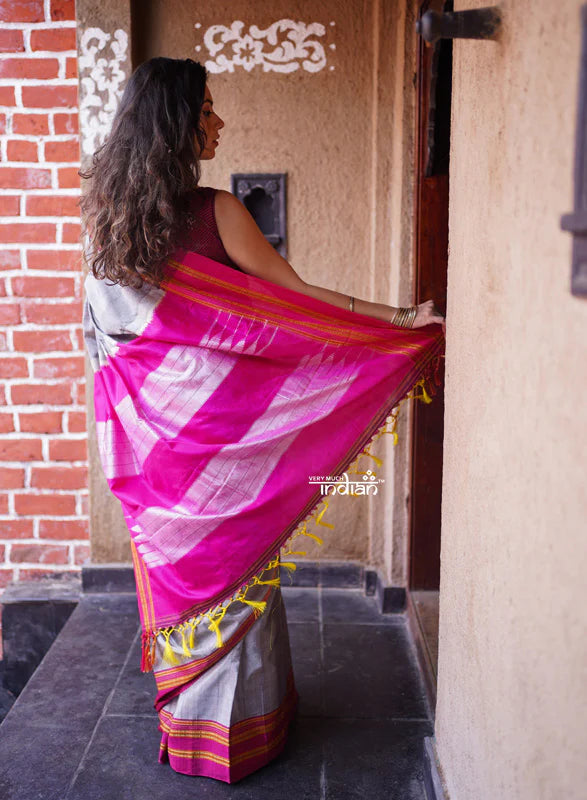 Handloom Cotton Silk Ilkal Saree with Pure Resham Pallu - Grey with Pink Border