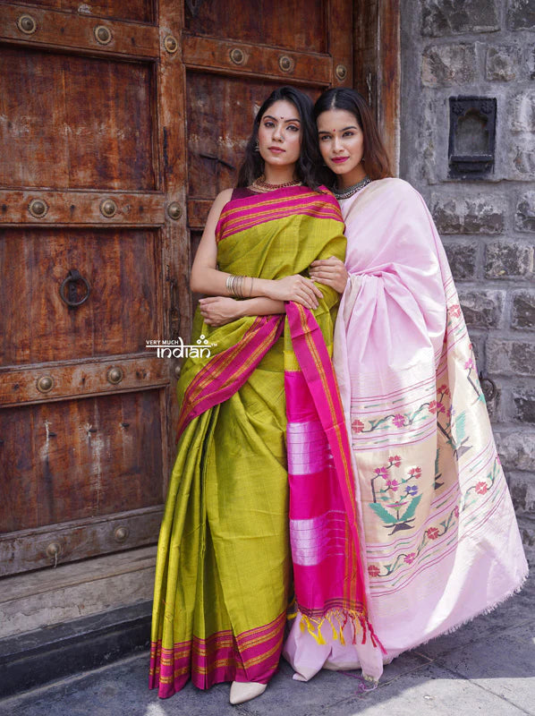 Handloom Cotton Silk Ilkal Saree with Pure Resham Pallu – Bright Green with Pink Border