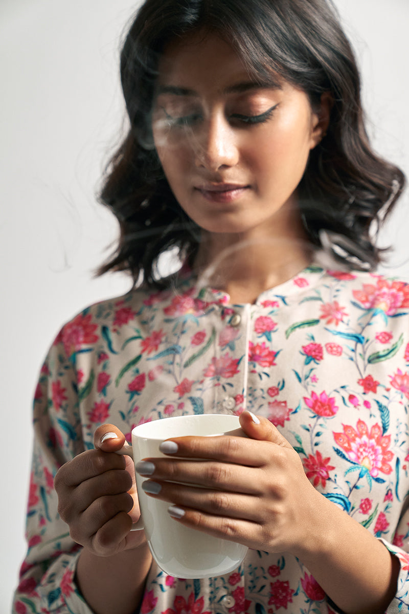 Ivory and Pink Front Open Chintz Printed Pashmina Long Kurta Set