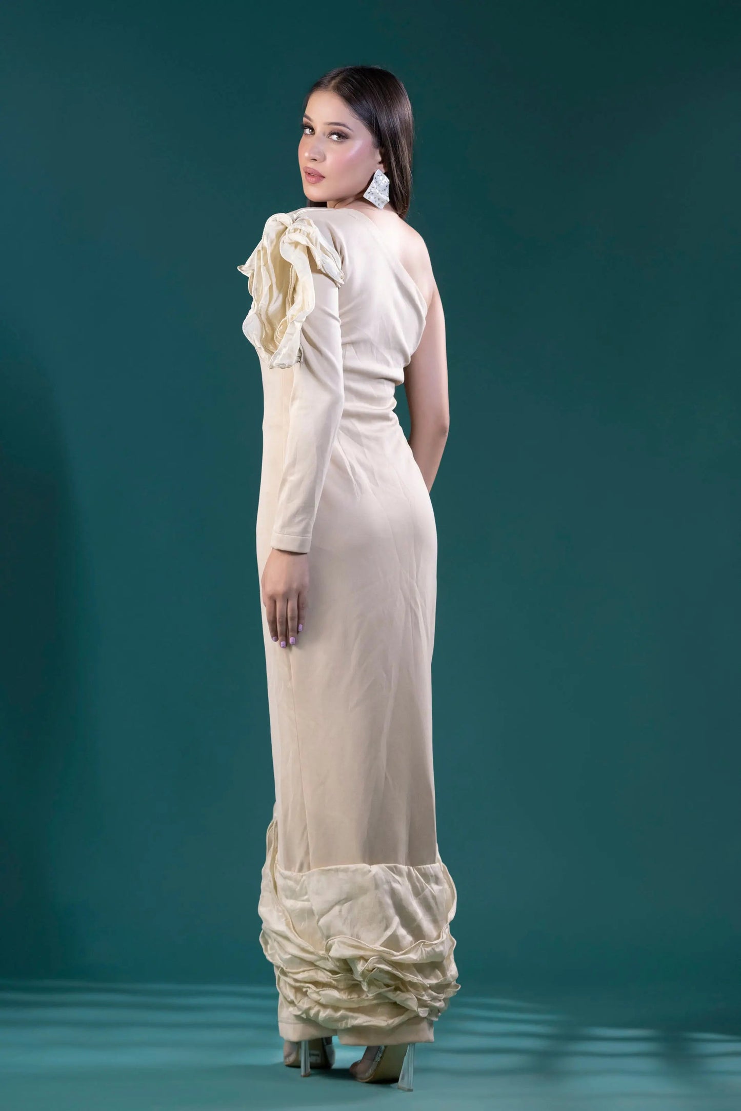 Chic Beige Long One shoulder frill dress, Smart Elegance for Any Occasion