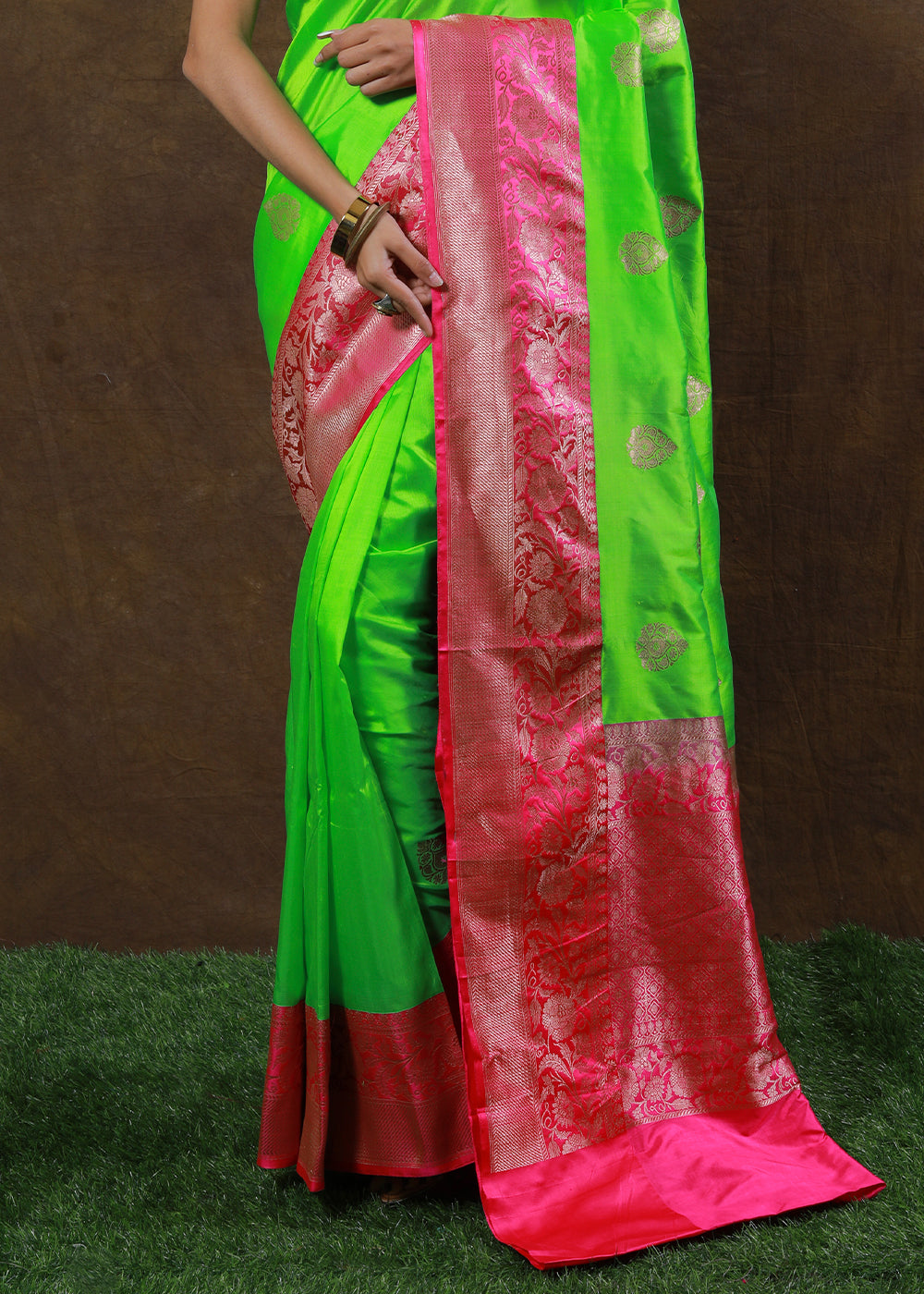 Neon Green Hand Woven Pure Katan Silk Saree