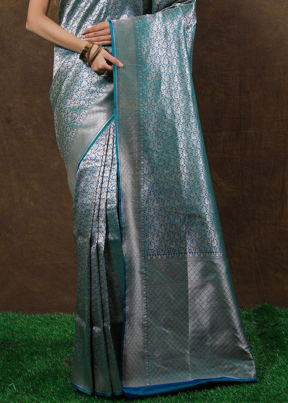 Blueish Green Hand Woven Pure Katan Silk Saree