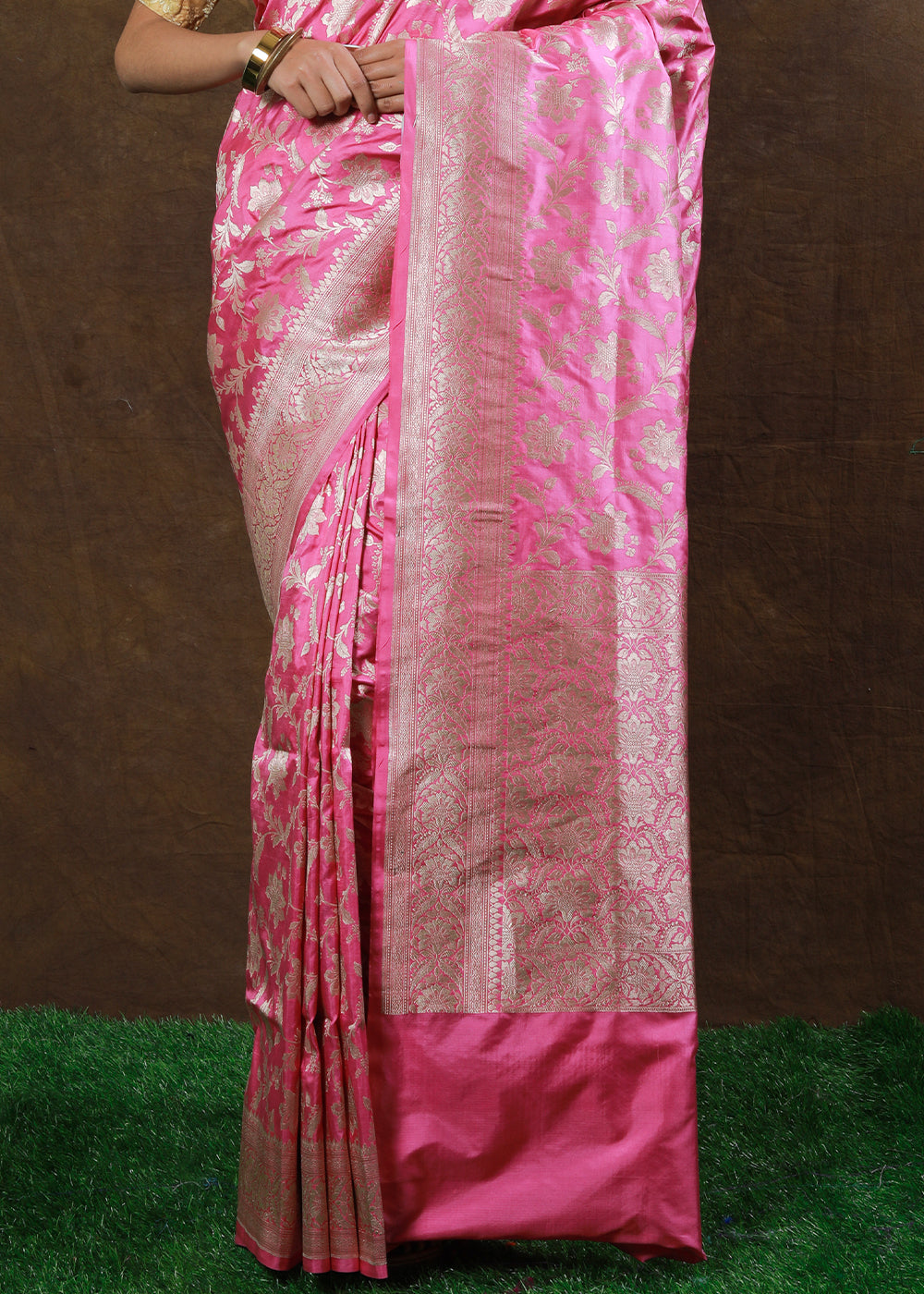 Carnation Pink Hand Woven Pure Katan Silk Saree