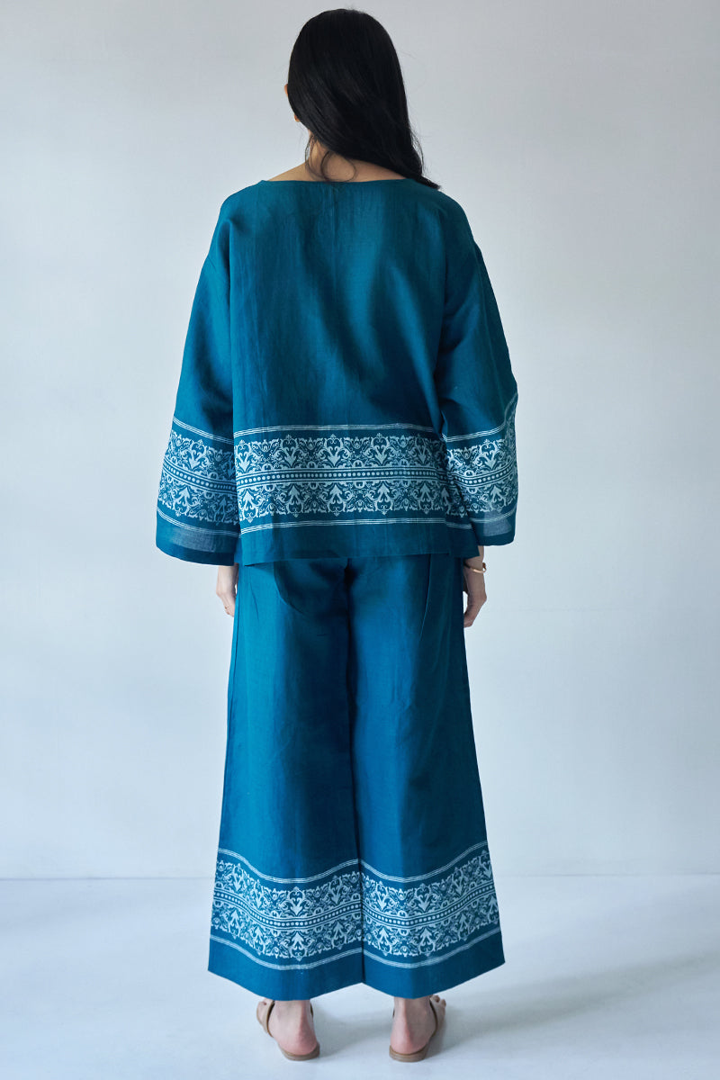 At Ease Teal Blue Cotton Satin Co-ord Set