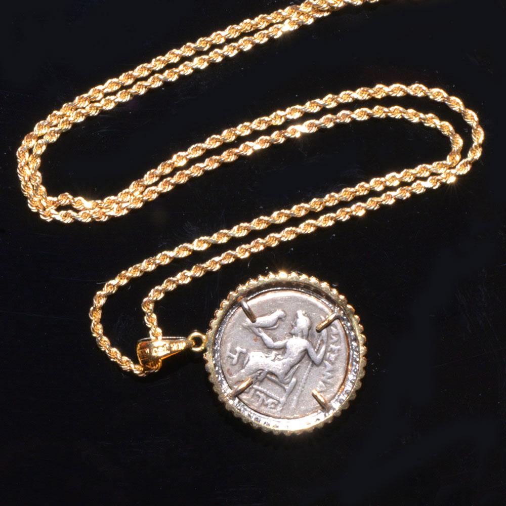 Alexander the Great Silver Drachm (c. 336 - 323 BCE) set in a gold & diamond necklace