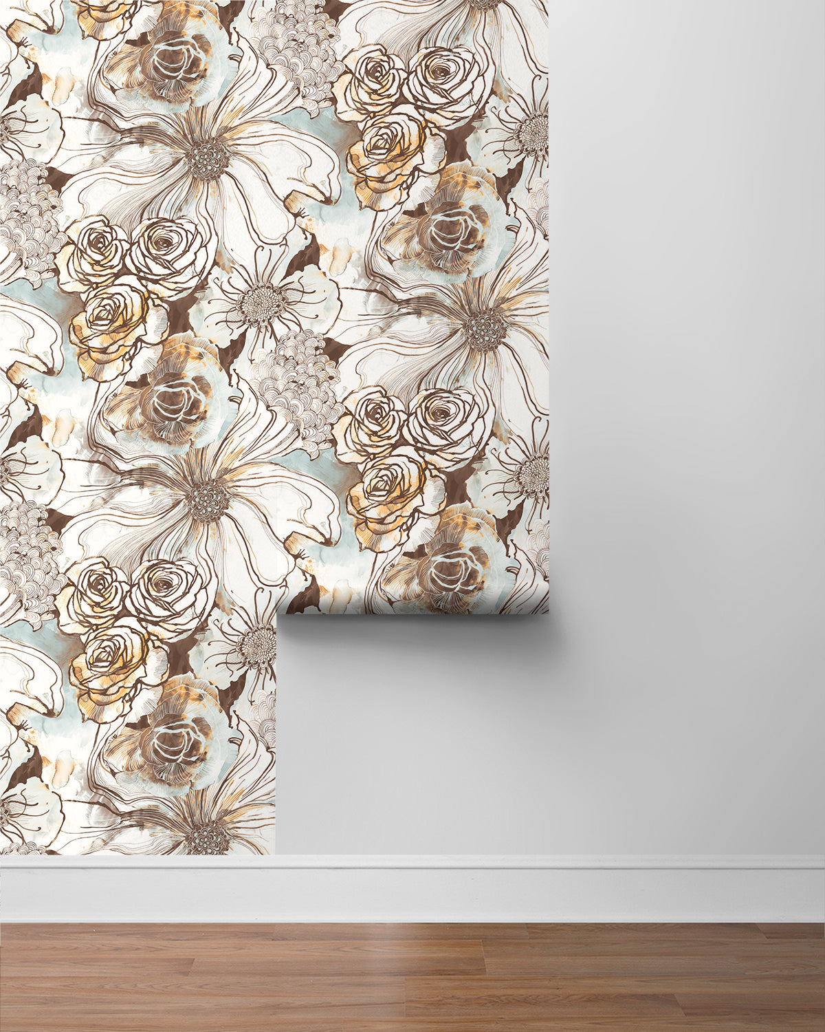 Ink Rose Peel-and-Stick Wallpaper in Mocha/Blue Mist by Harry & Grace