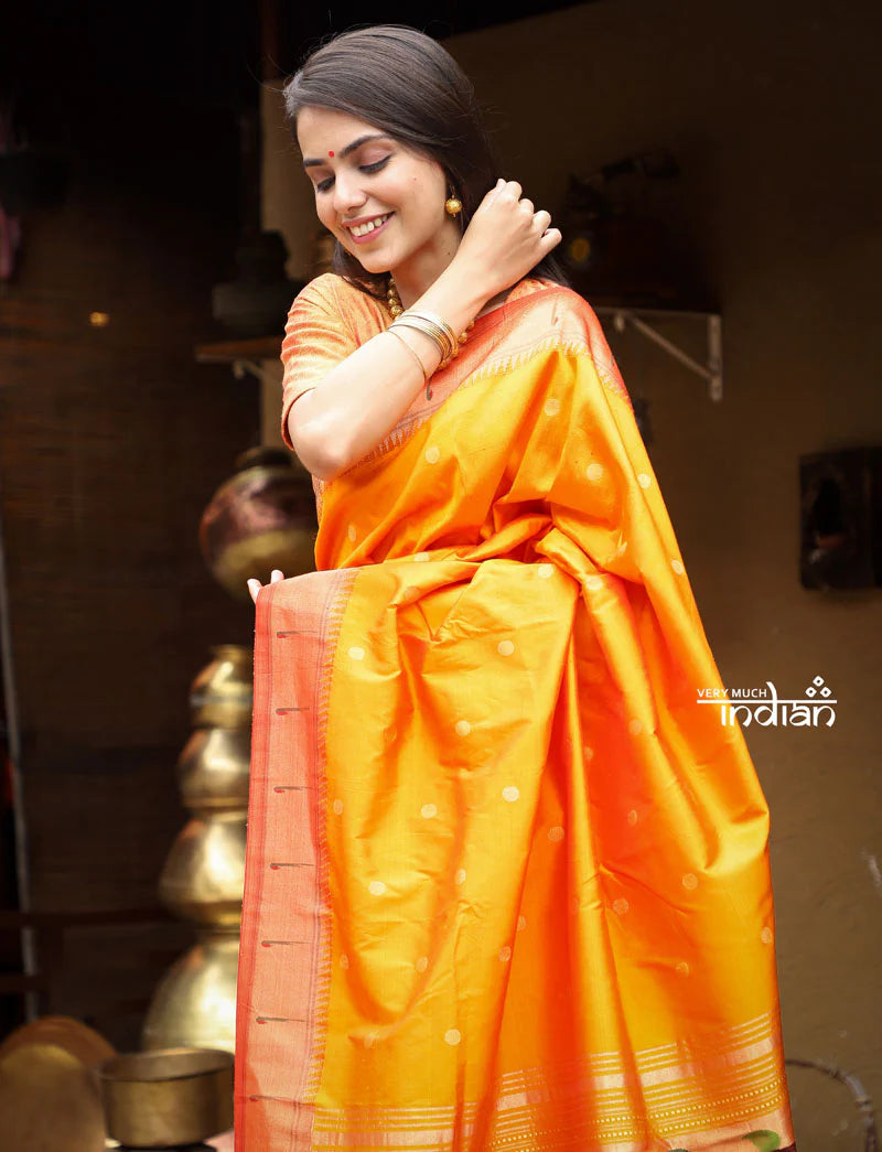 Exclusive!Authentic Handloom, Beautiful Orange Yellow, Pure Silk Muniya Border Paithani with Radha Krishna Pallu(High Quality Silk)