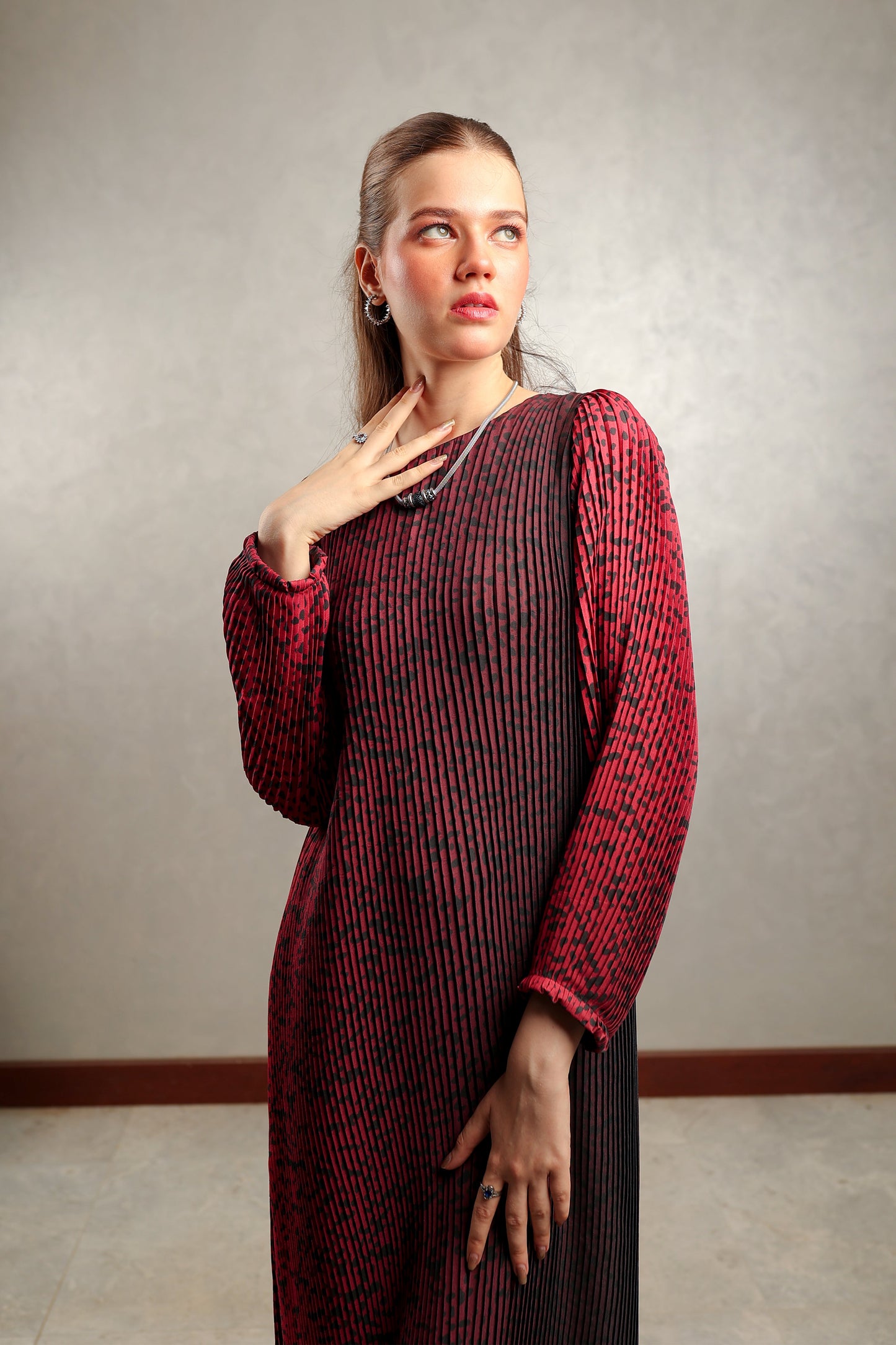 Maroon Leopard Pleated Maxi