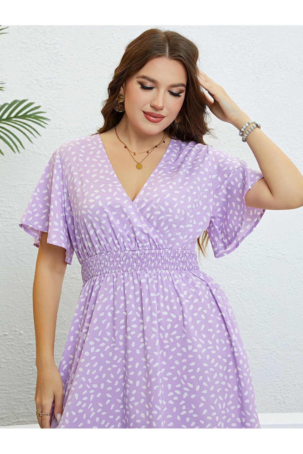 Plus Size Printed Smocked Waist Surplice Dress