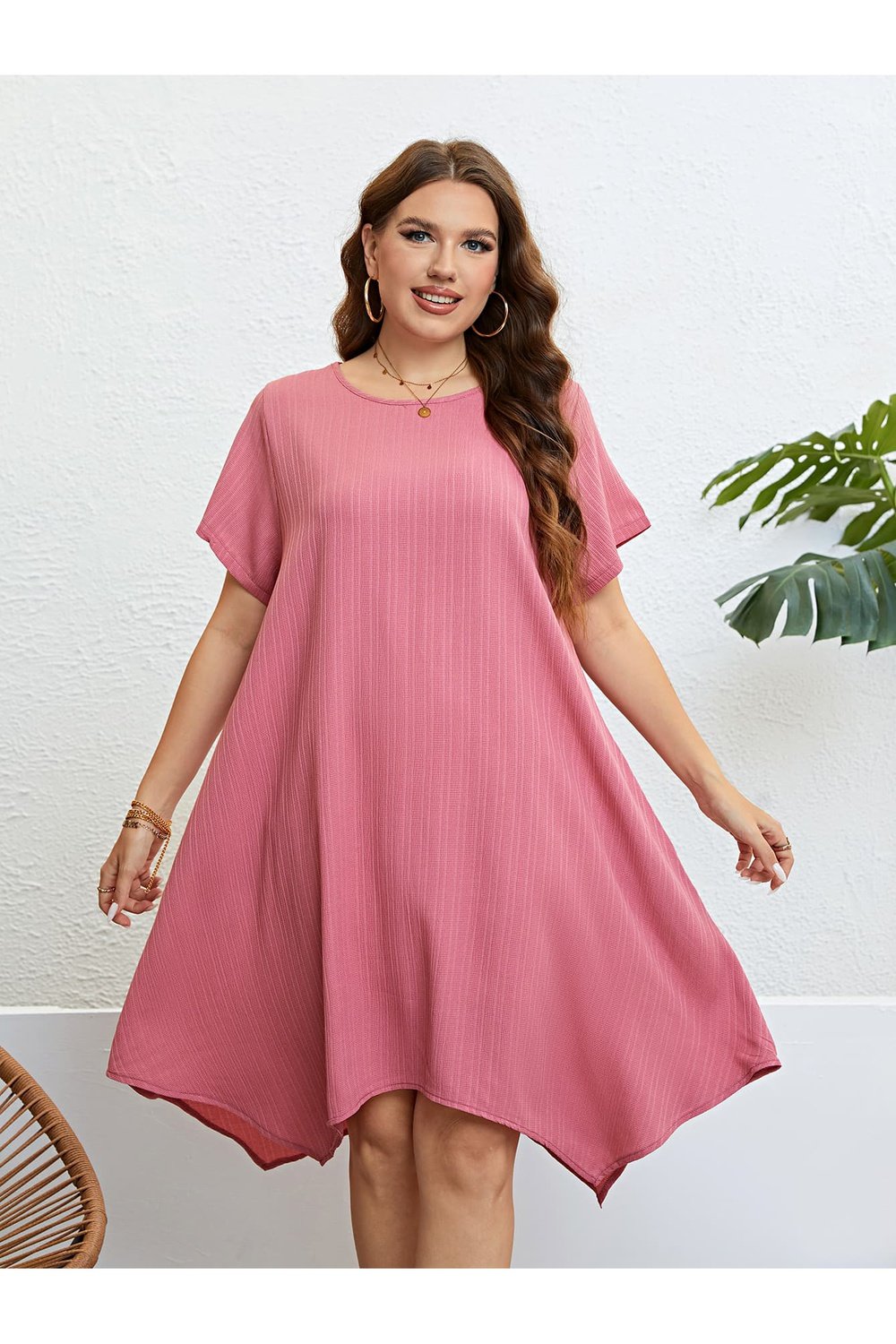 Plus Size Round Neck Handkerchief Hem Dress