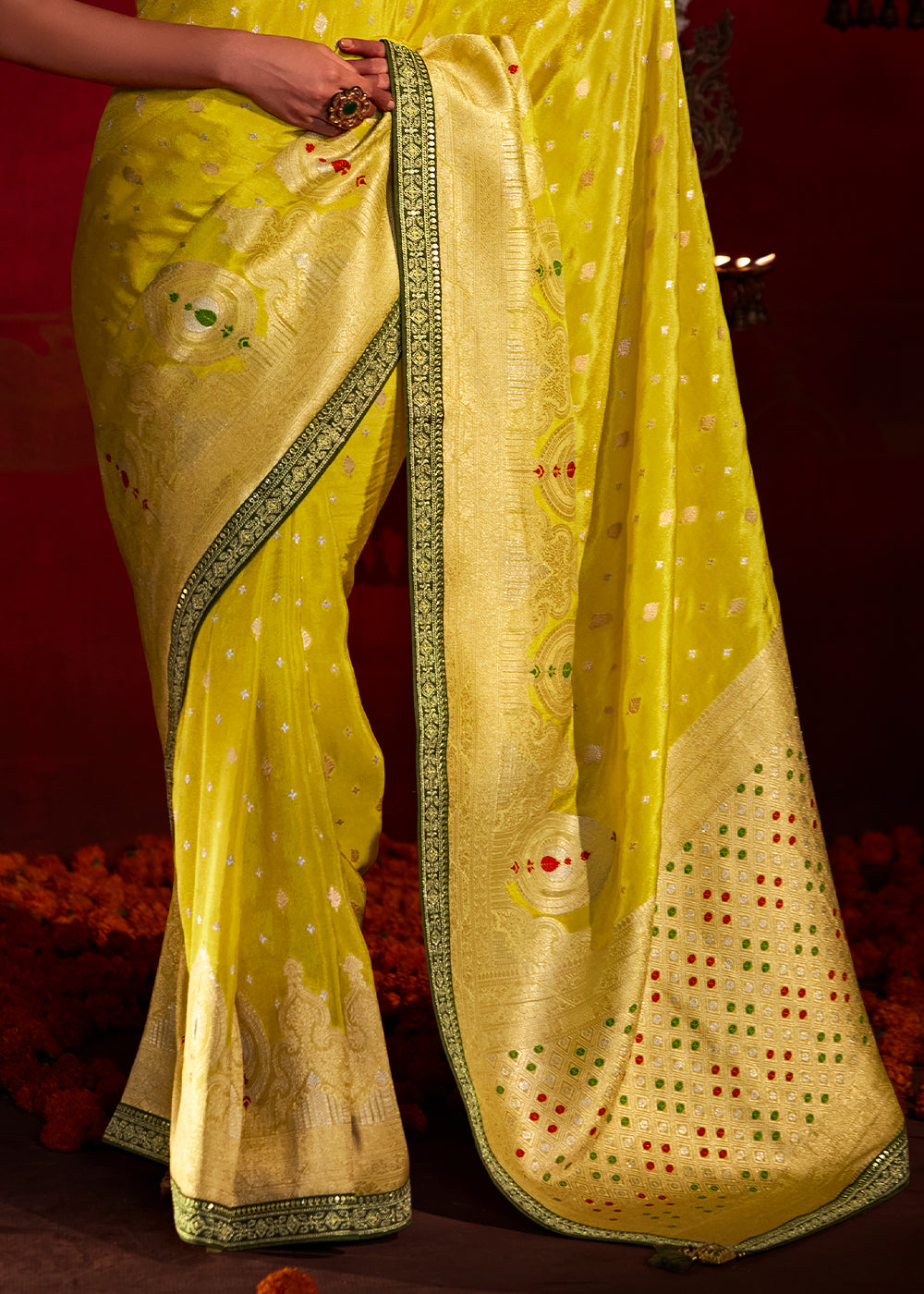 Aureolin Yellow Zari Woven Khadi Silk Saree with Contrast Blouse