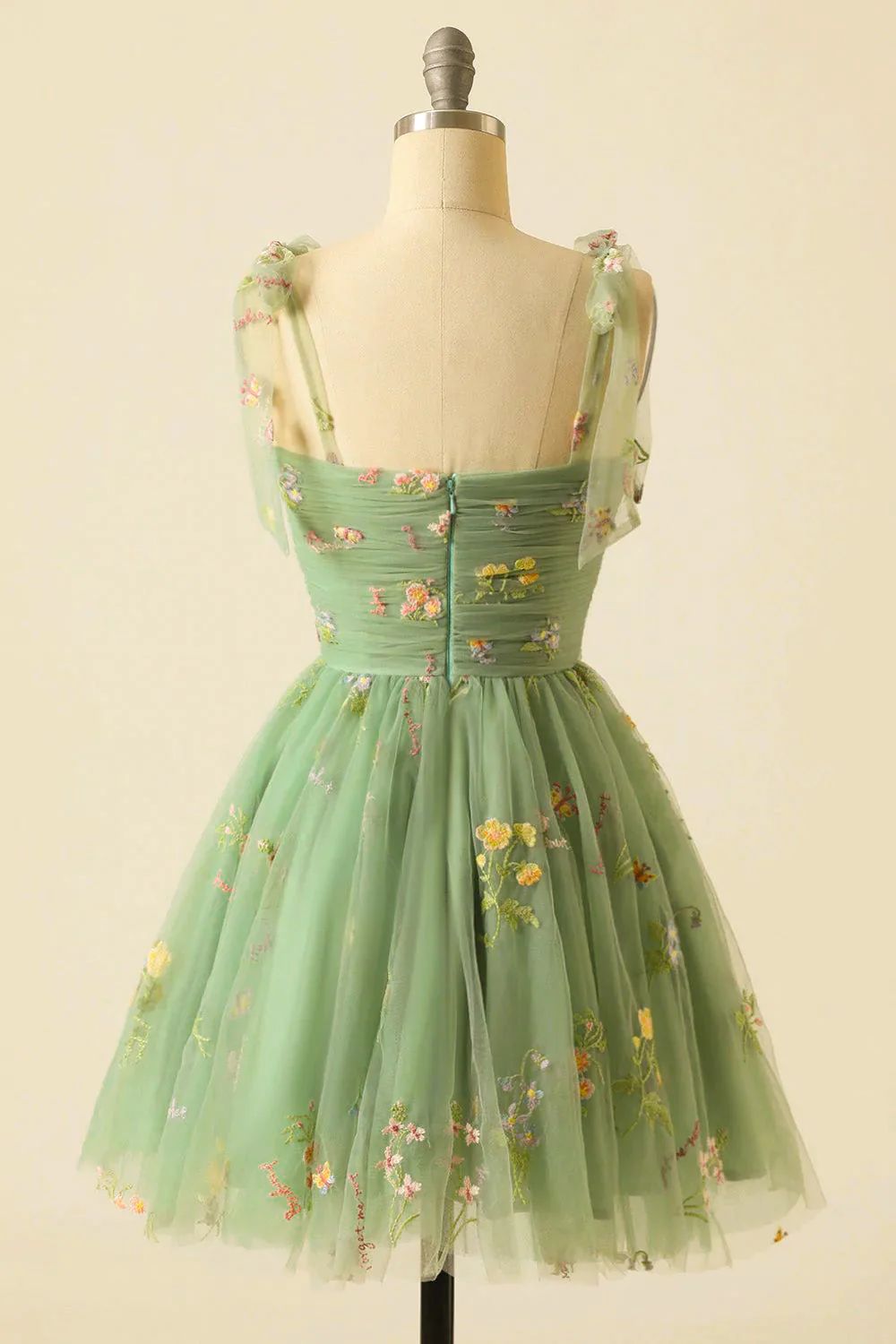 Sage Green Floral Embroidery Short Homecoming Dress