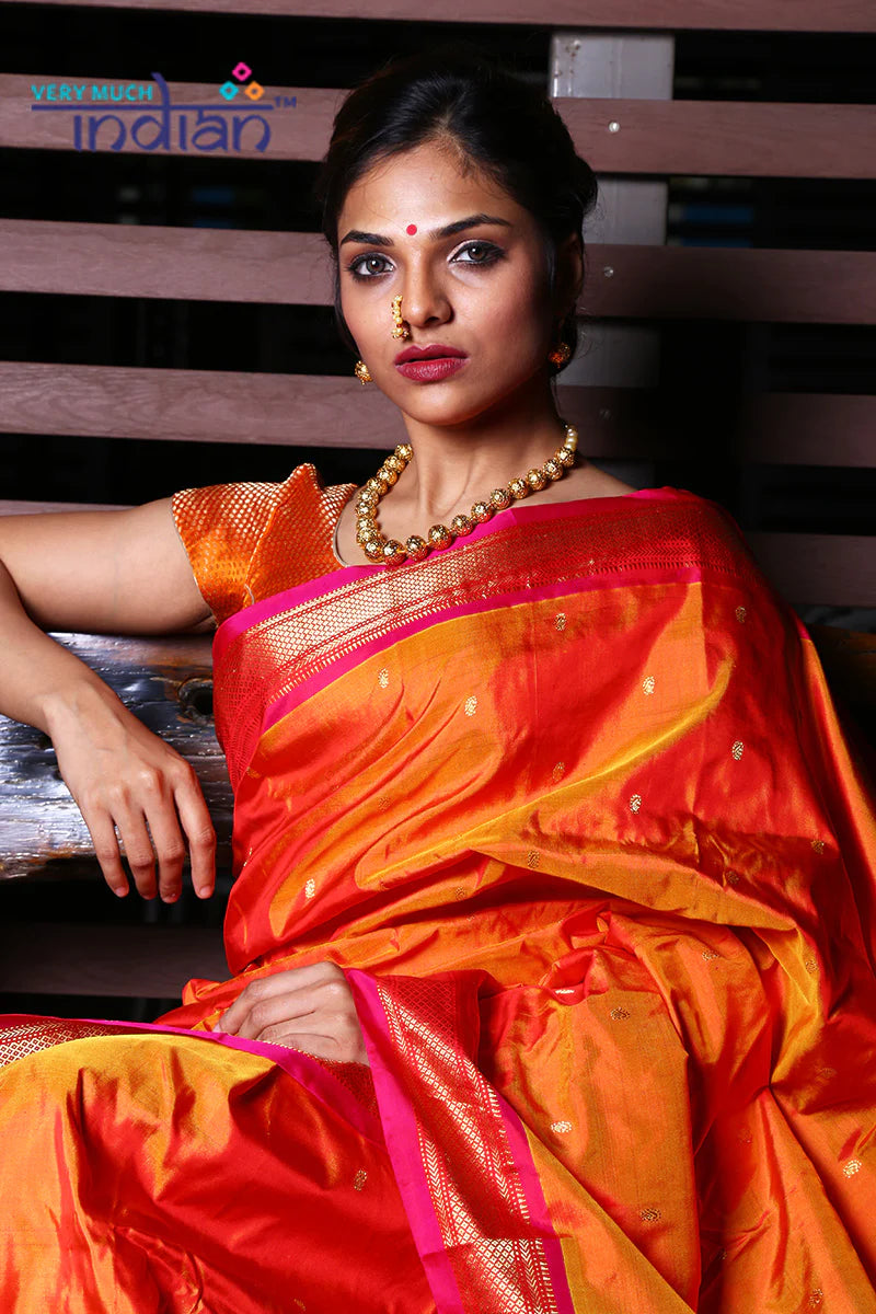 Pure Silk Yeola Handloom Orange Paithani Weave with Peach and Gold Border with Double Pallu