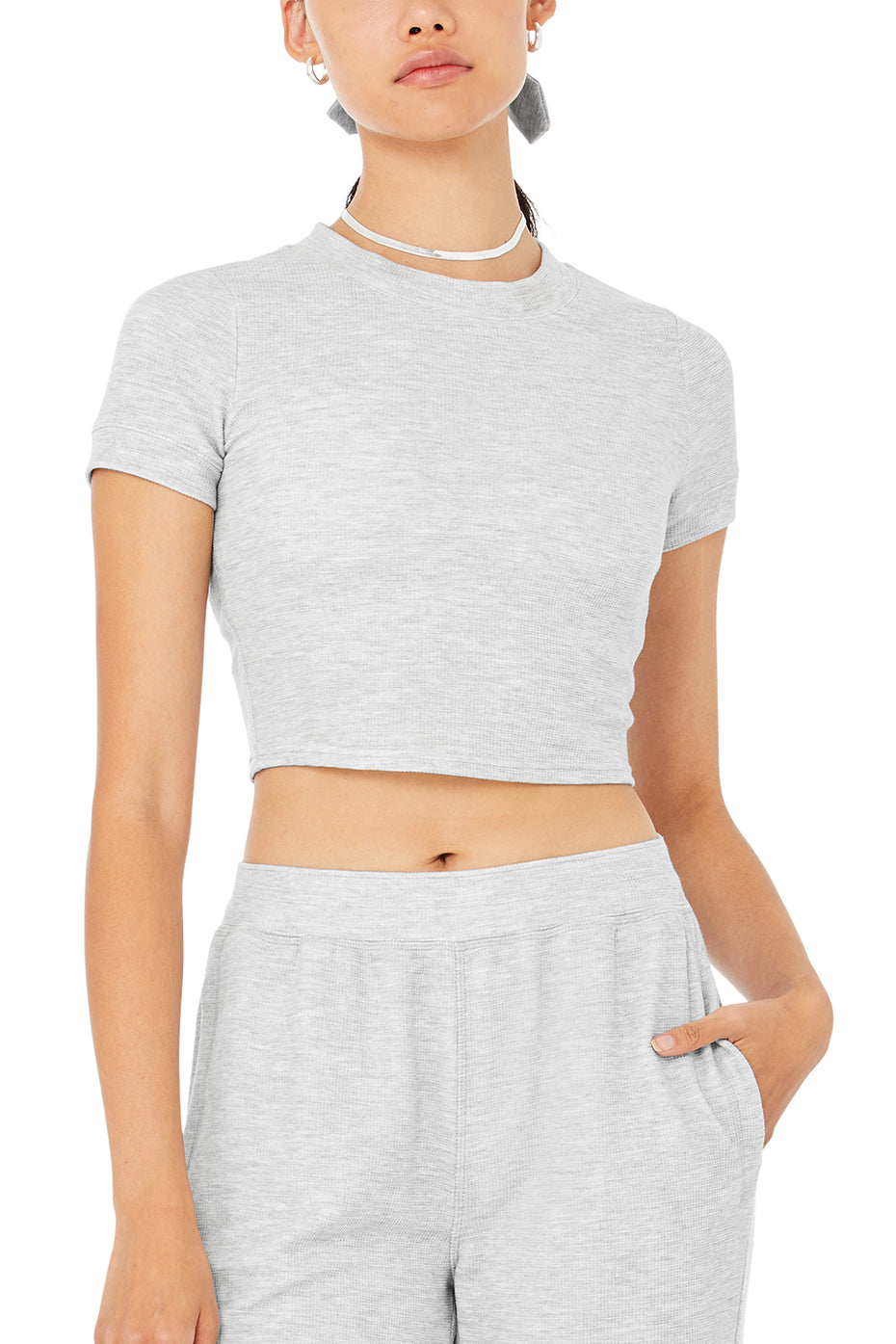 Micro Waffle Sierra Short Sleeve Top & Micro Waffle High-Waist Pleasant Wide Leg Pant Set - Athletic Heather Grey