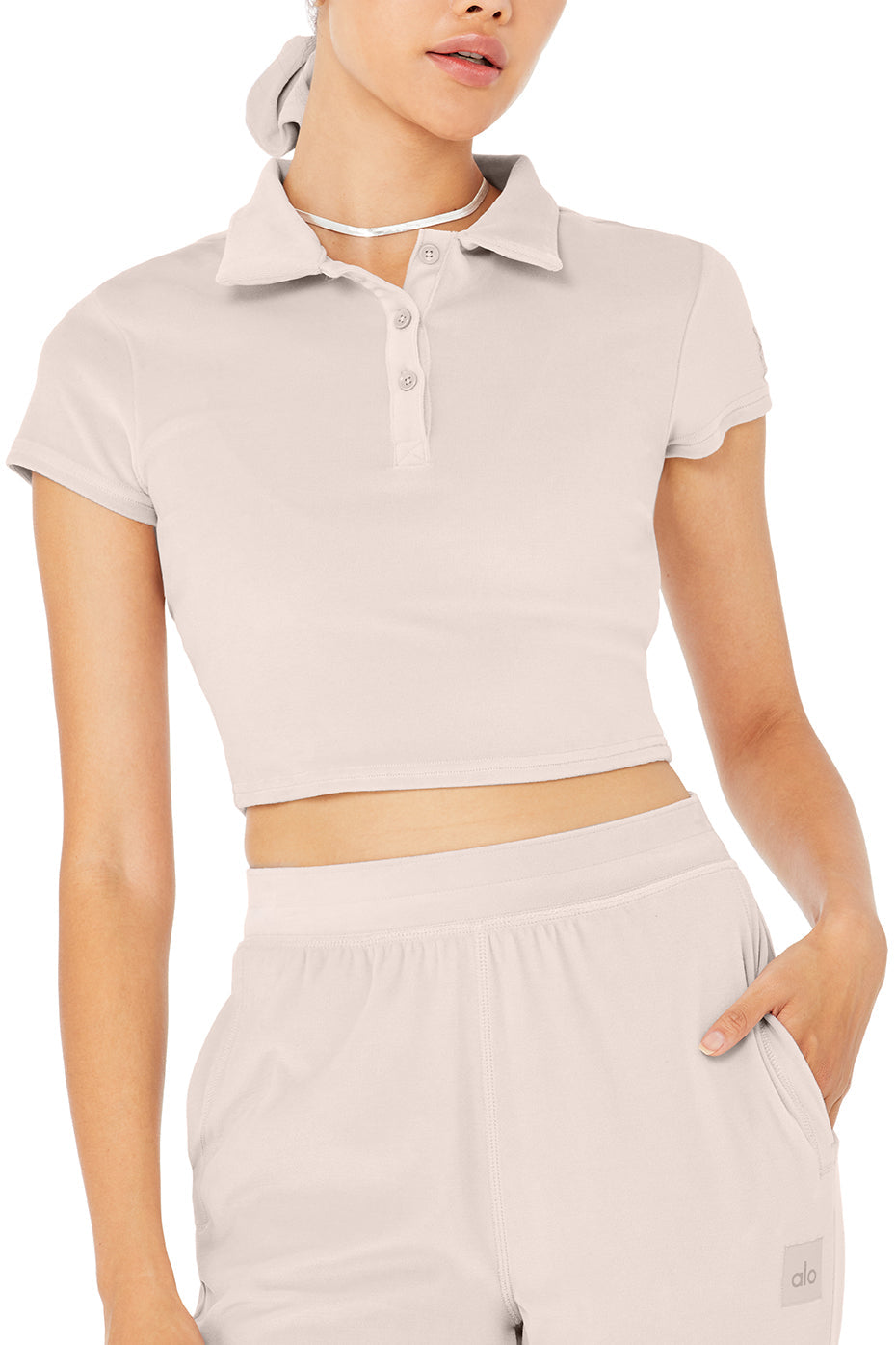 Velour Choice Polo & Velour High-Waist Glimmer Wide Leg Pant Set - Dusty Pink