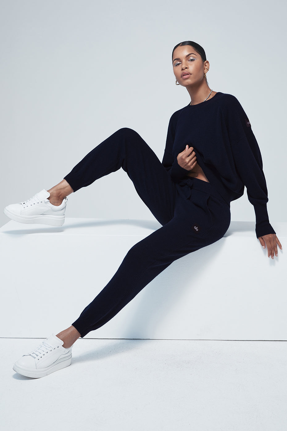 Cashmere Jet Set Crew & High-Waist Pant Set - Navy