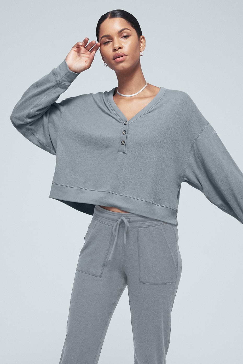 Alolux Soho Cropped Henley - Steel Blue