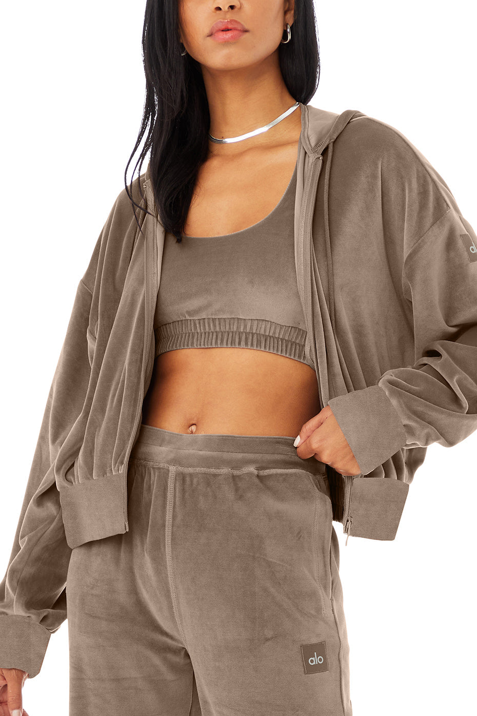 Velour Glimmer Scoop Neck Bra & Full Zip Hoodie & High-Waist Wide Leg Pant Set - Hot Cocoa