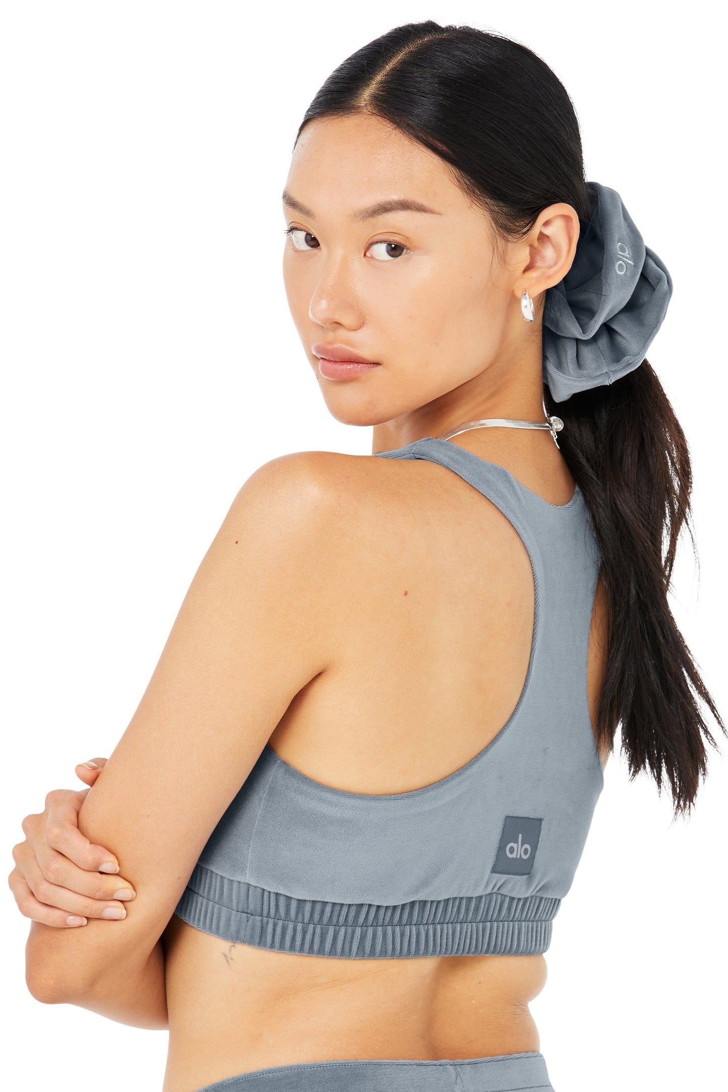 Velour Glimmer Scoop Neck Bra & Full Zip Hoodie & High-Waist Wide Leg Pant Set - Steel Blue