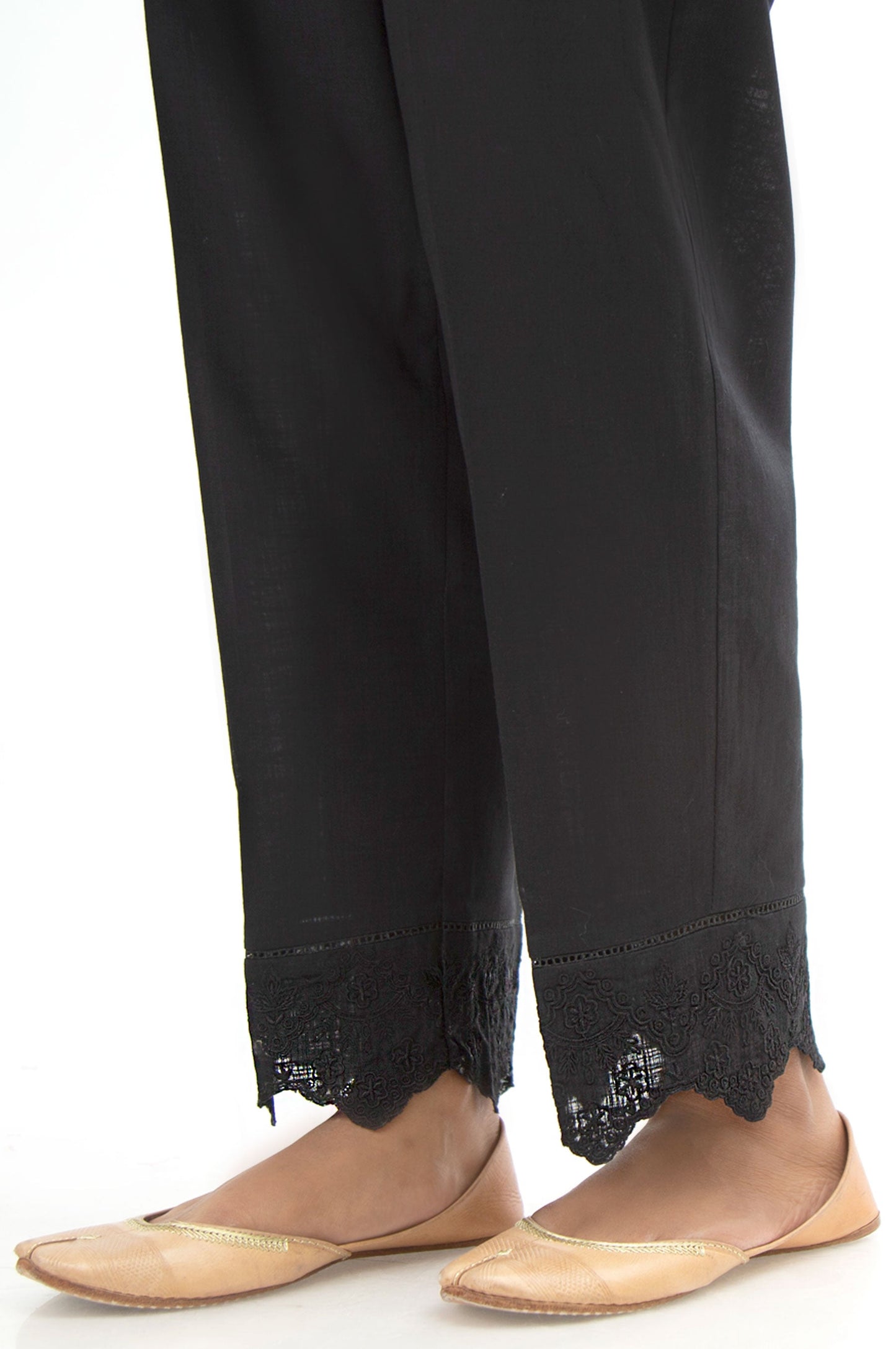 Embroidered Cotton Slub Cigarette Pants - Black