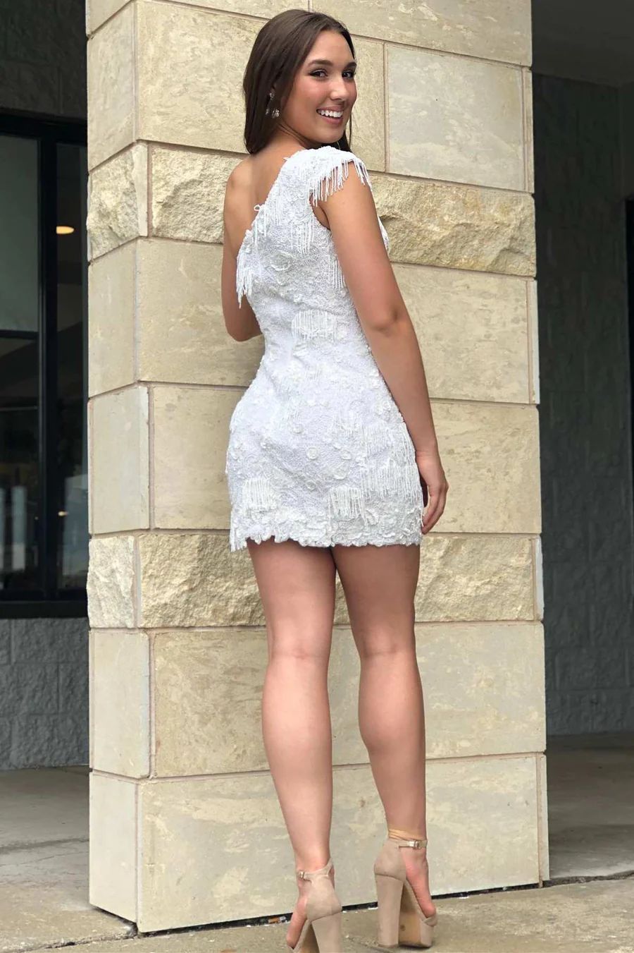 White One Shoulder Tassels Lace Homecoming Dress