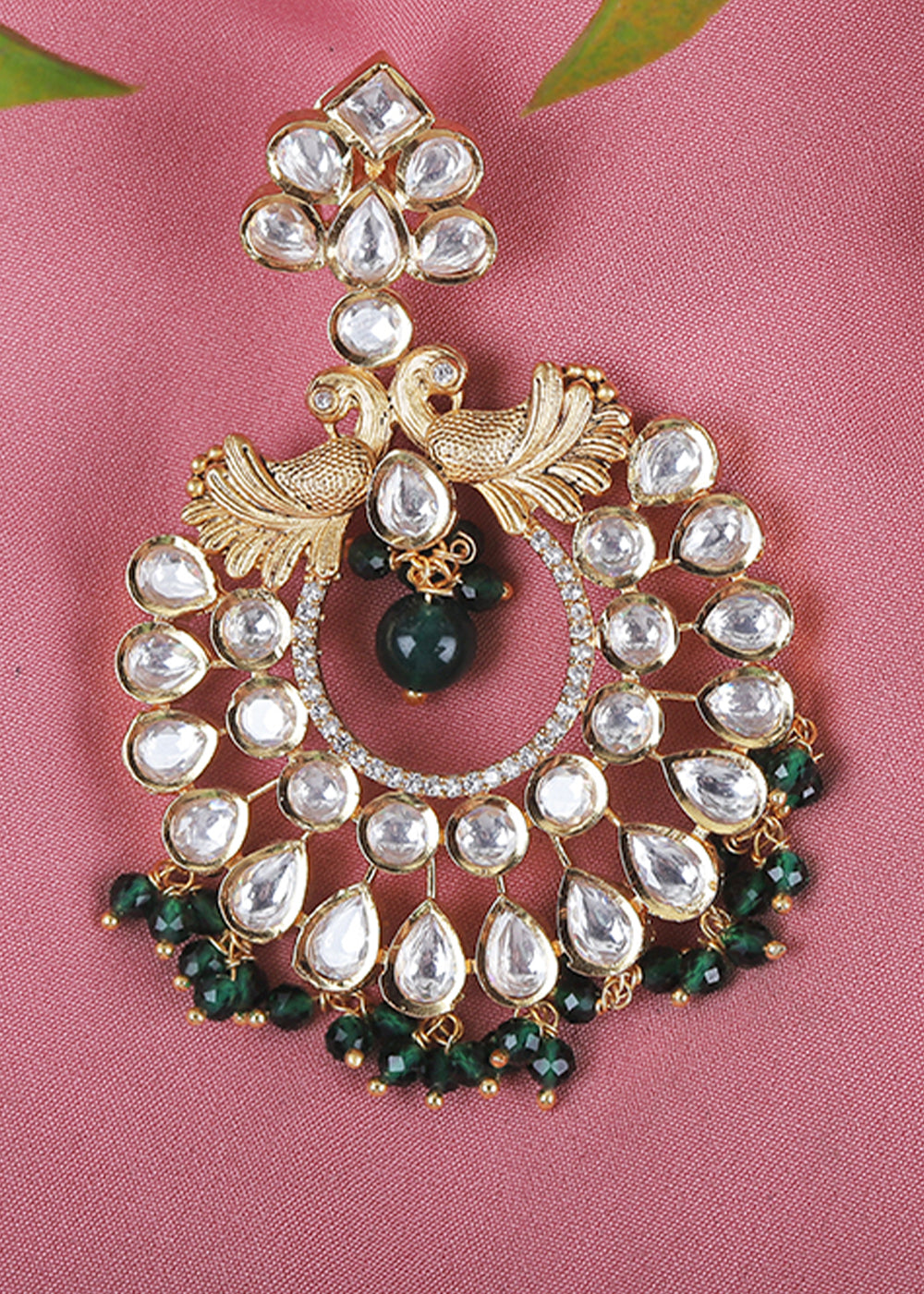 Green & White Kundan Chanbali Earrings Having Beads work