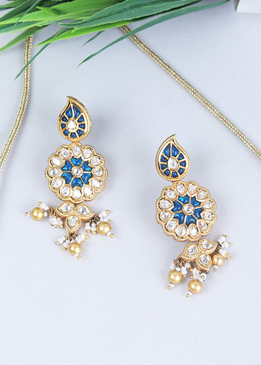 White & Blue Kundan Necklace Set Having Stone work