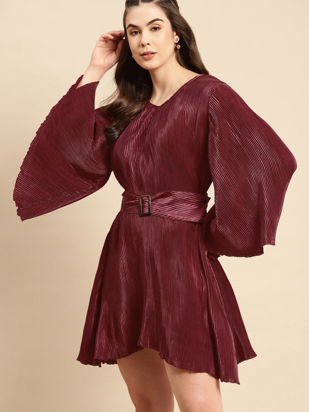 Flared mini dress with belt