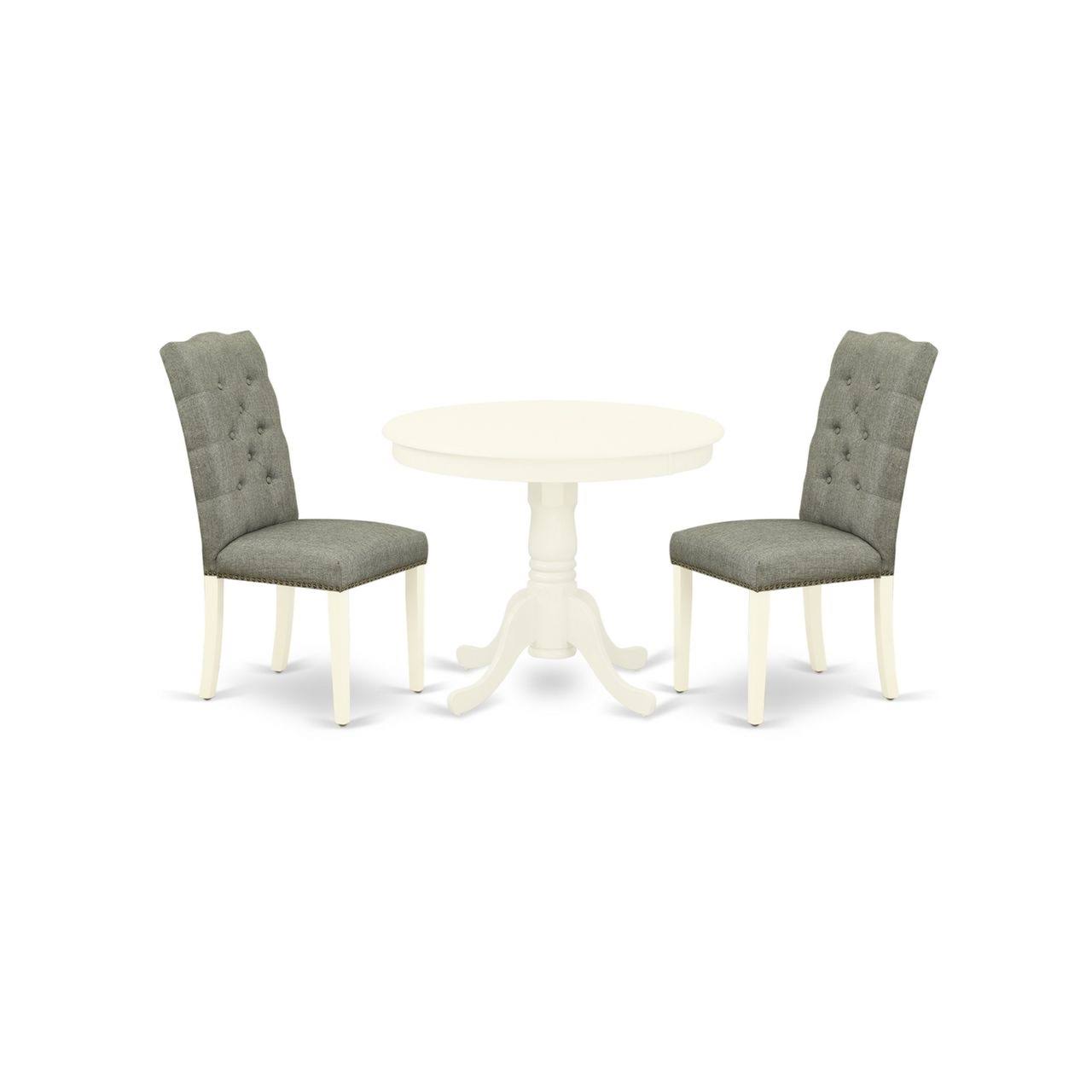 East West Furniture Anel3-lwh-07 3 Piece Antique Round Dining Table Set - Smoke u0026 Linen White