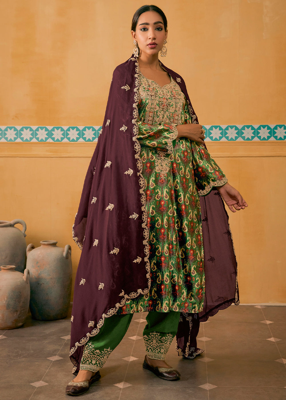 Forest Green Velvet Salwar Suit with Embroidery work