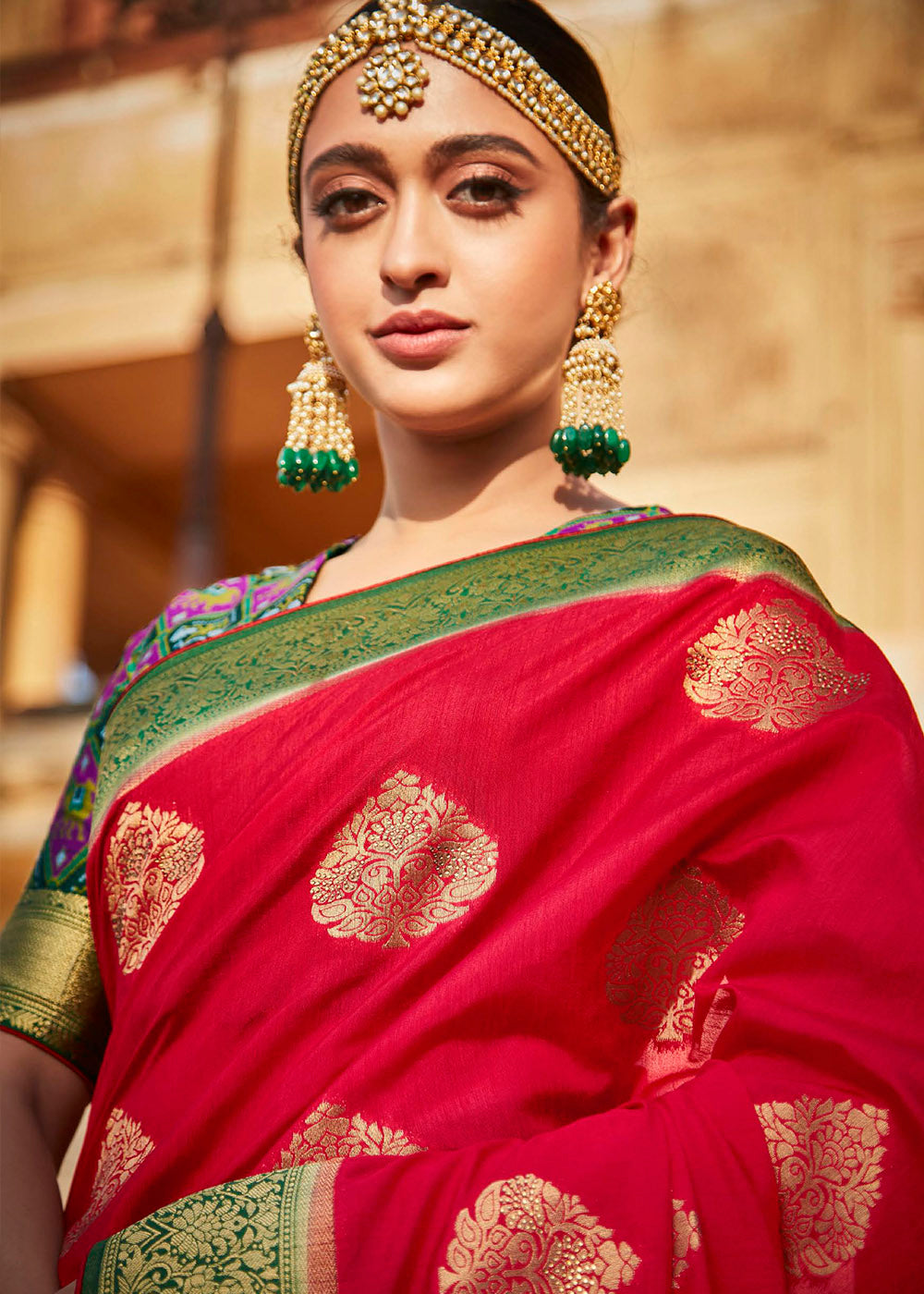 Chili Red Woven Banarasi Patola Silk Saree with Embroidered Blouse