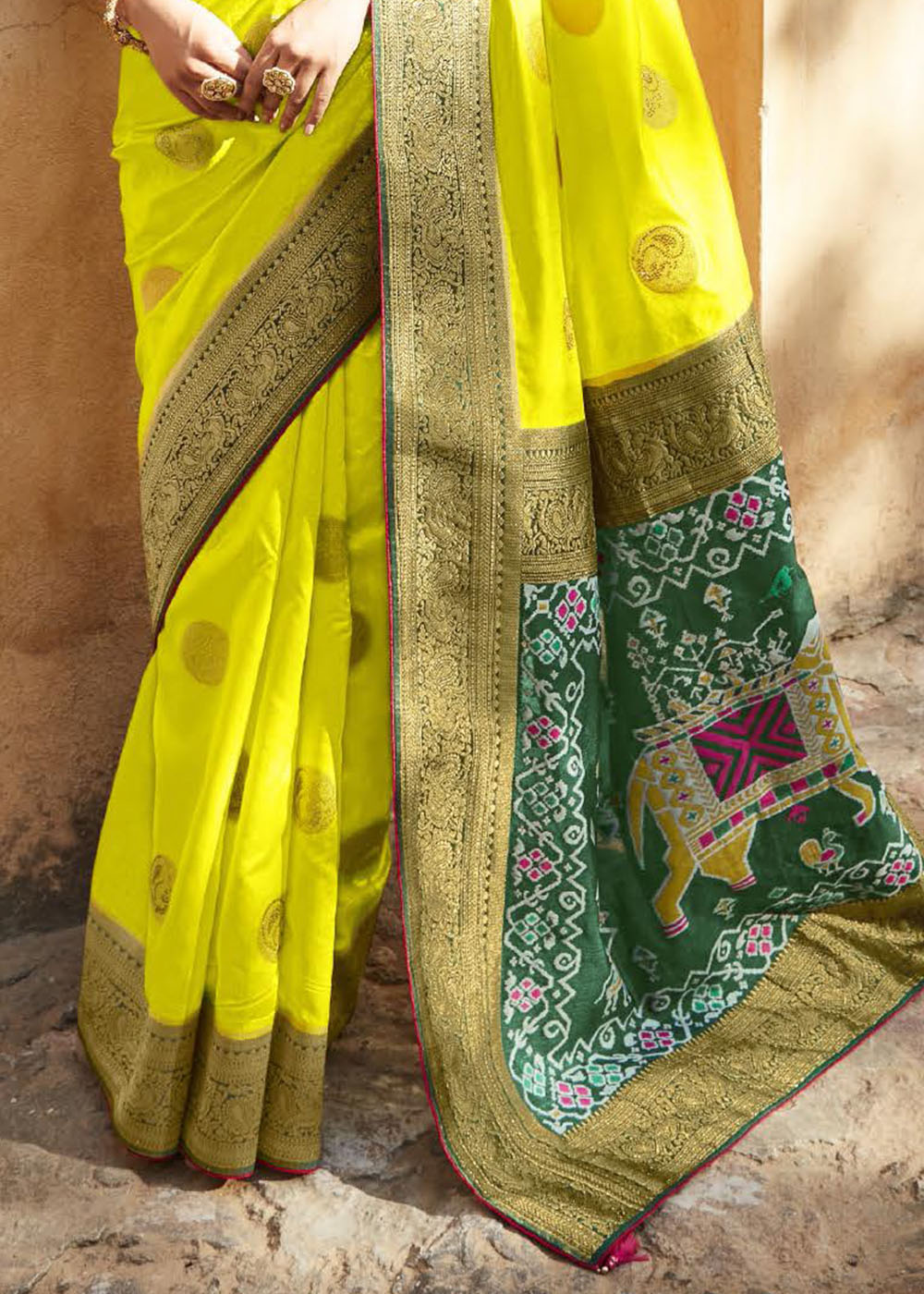 Chartreuse Yellow Woven Banarasi Patola Silk Saree with Embroidered Blouse