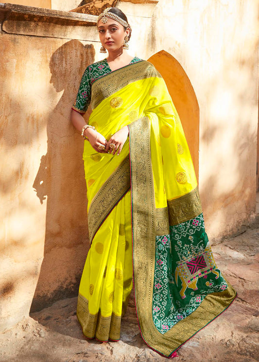 Chartreuse Yellow Woven Banarasi Patola Silk Saree with Embroidered Blouse