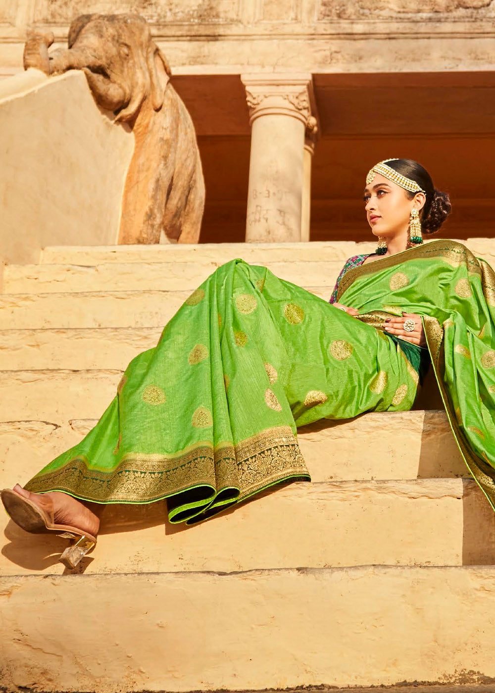 Lawn Green Woven Banarasi Patola Silk Saree with Embroidered Blouse